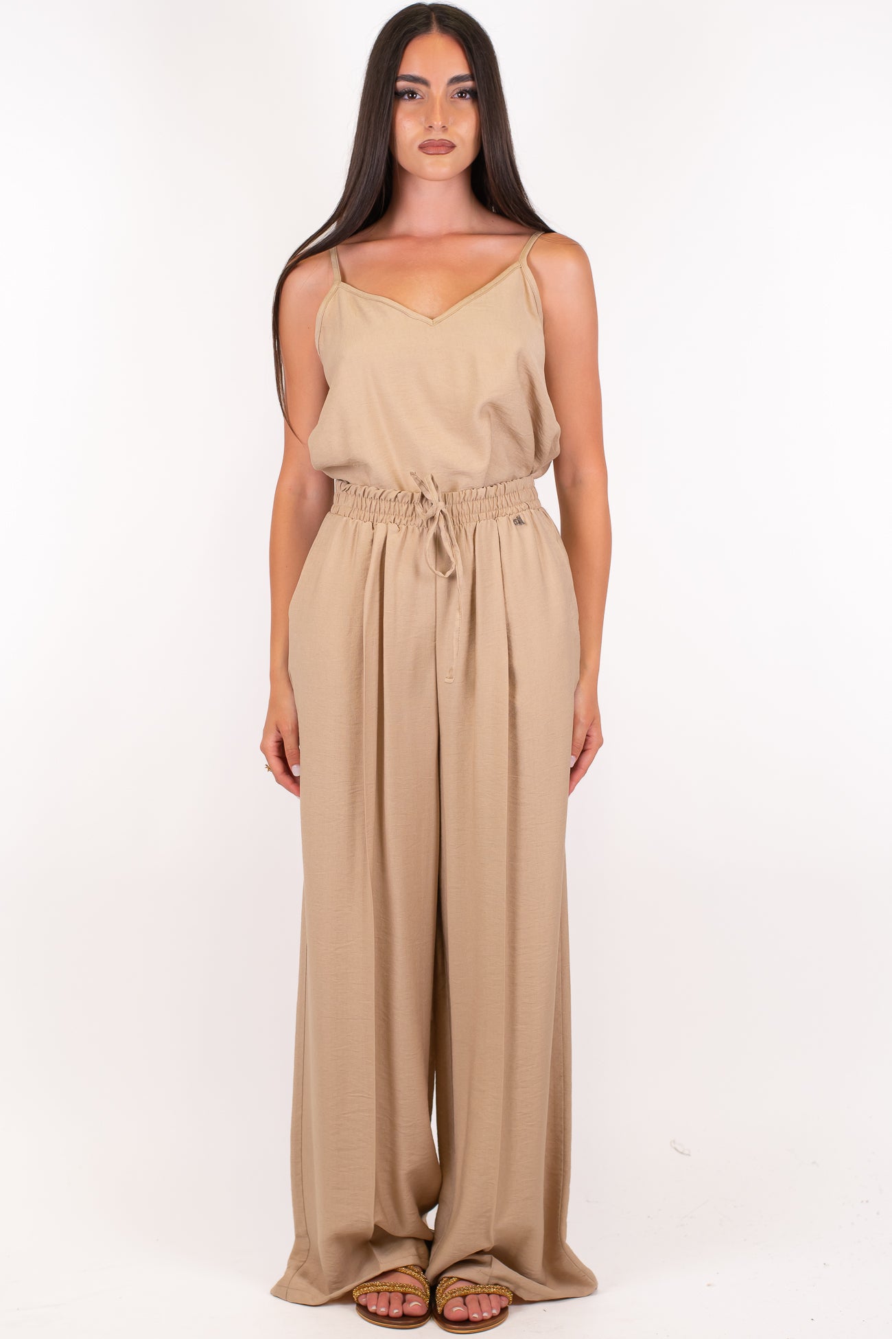 Dixie - Coordinato in viscosa leggera con top assimmetrico e pantalone palazzo con coulisse