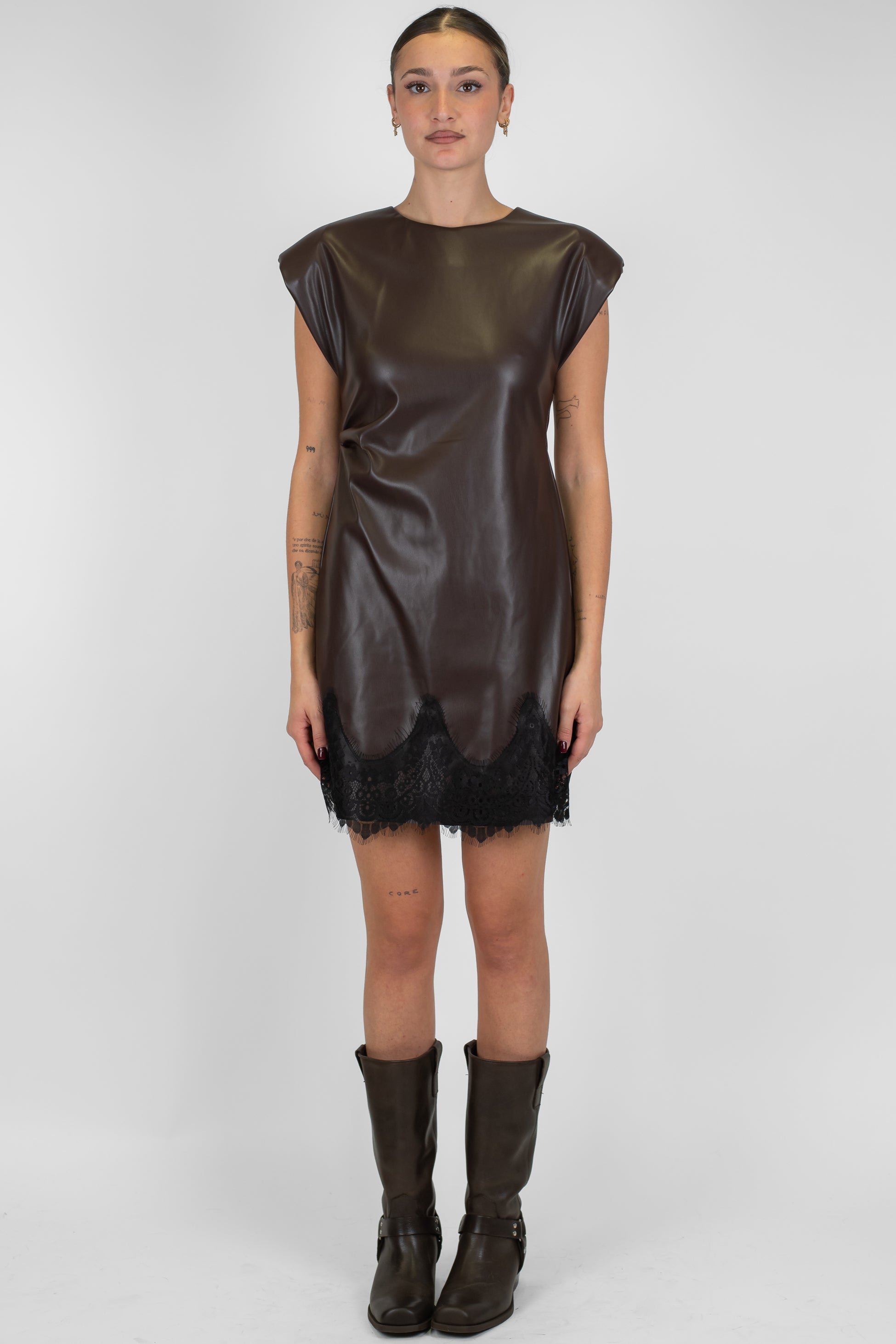 Motel - Abito corto in ecopelle con dettaglio in pizzo