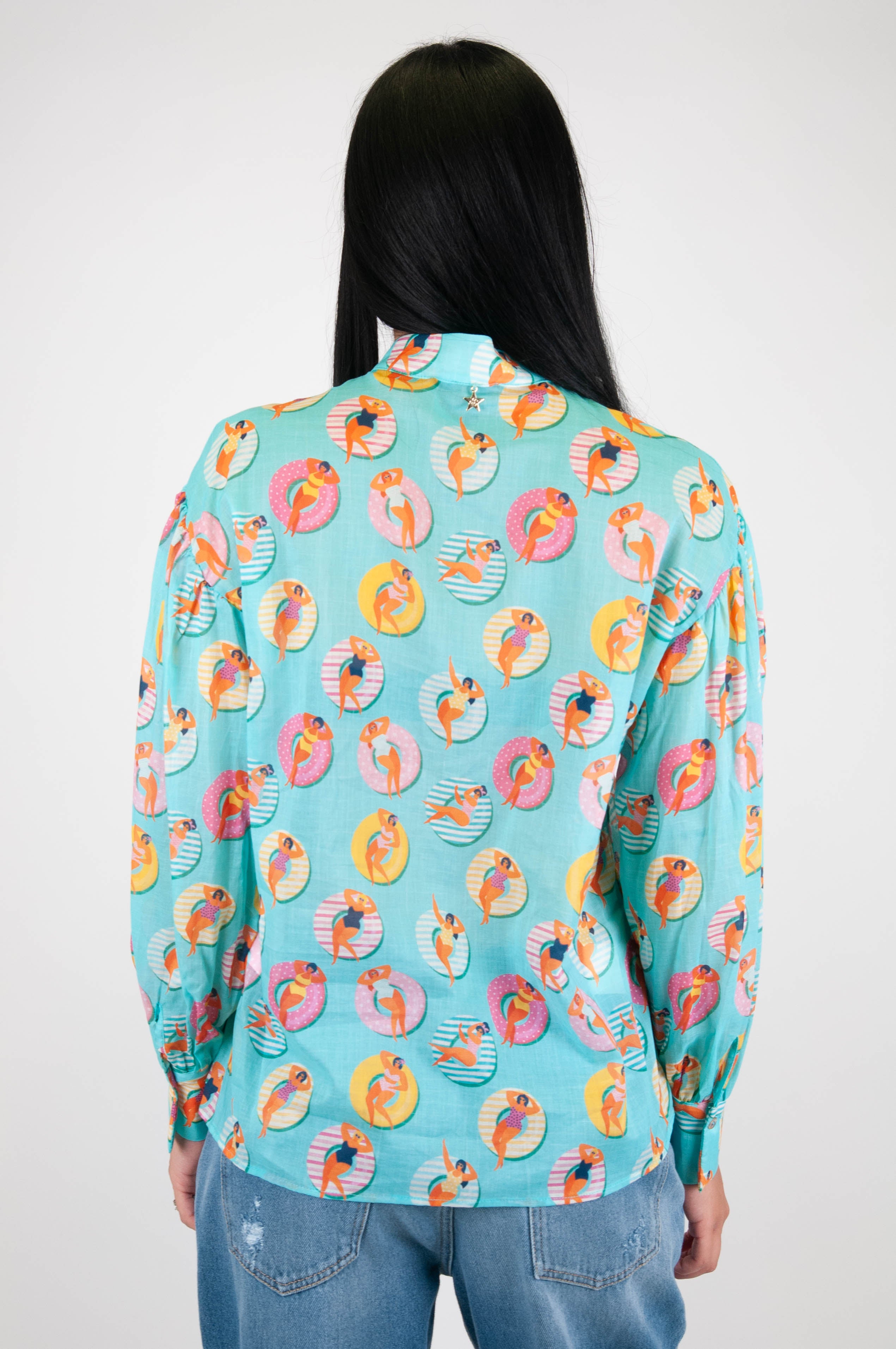 Souvenir - Mandarin collar shirt with swimming pool pattern in cotton muslin