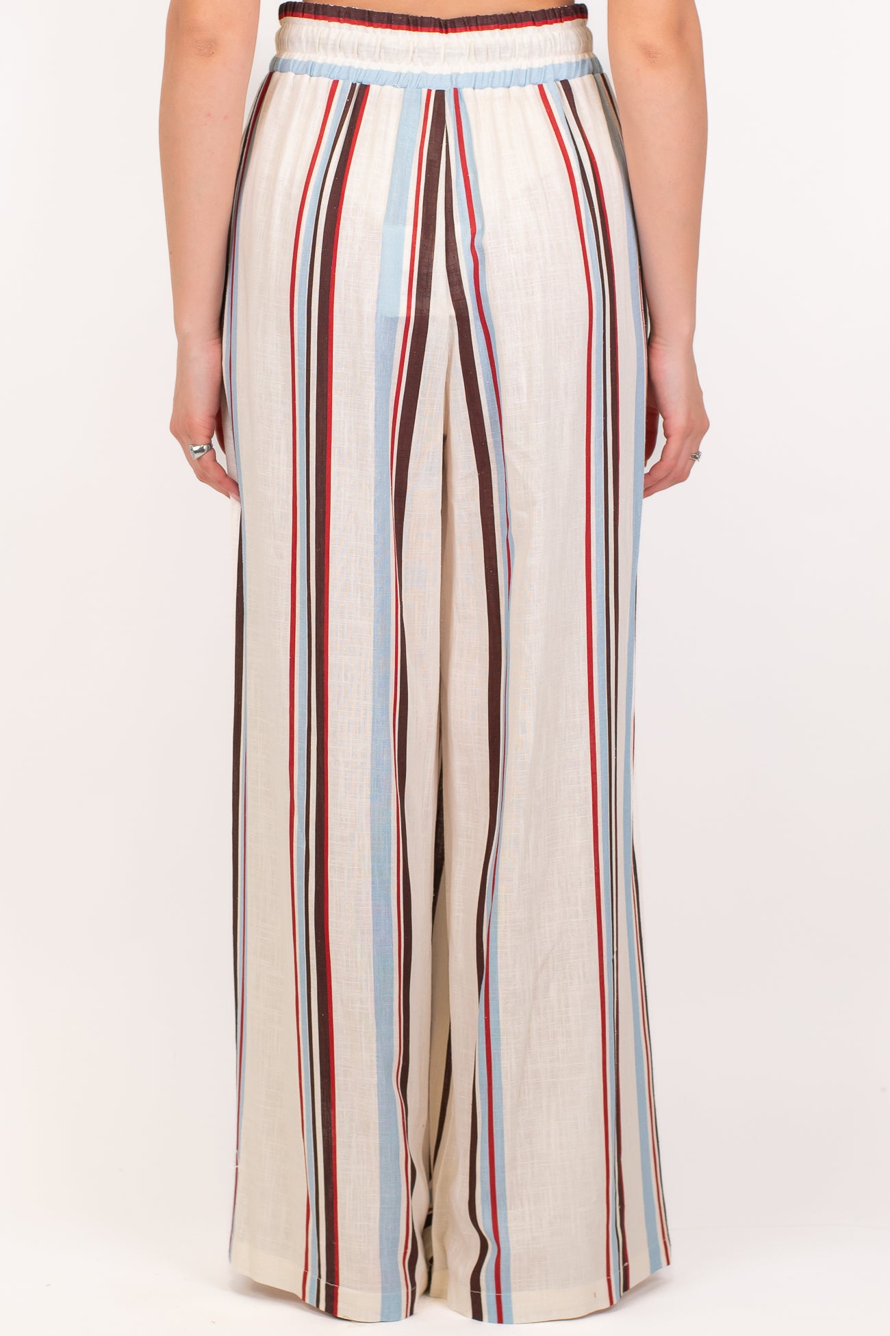 Tensione in - Pantalone palazzo fantasia righe a contrasto in misto lino con coulisse
