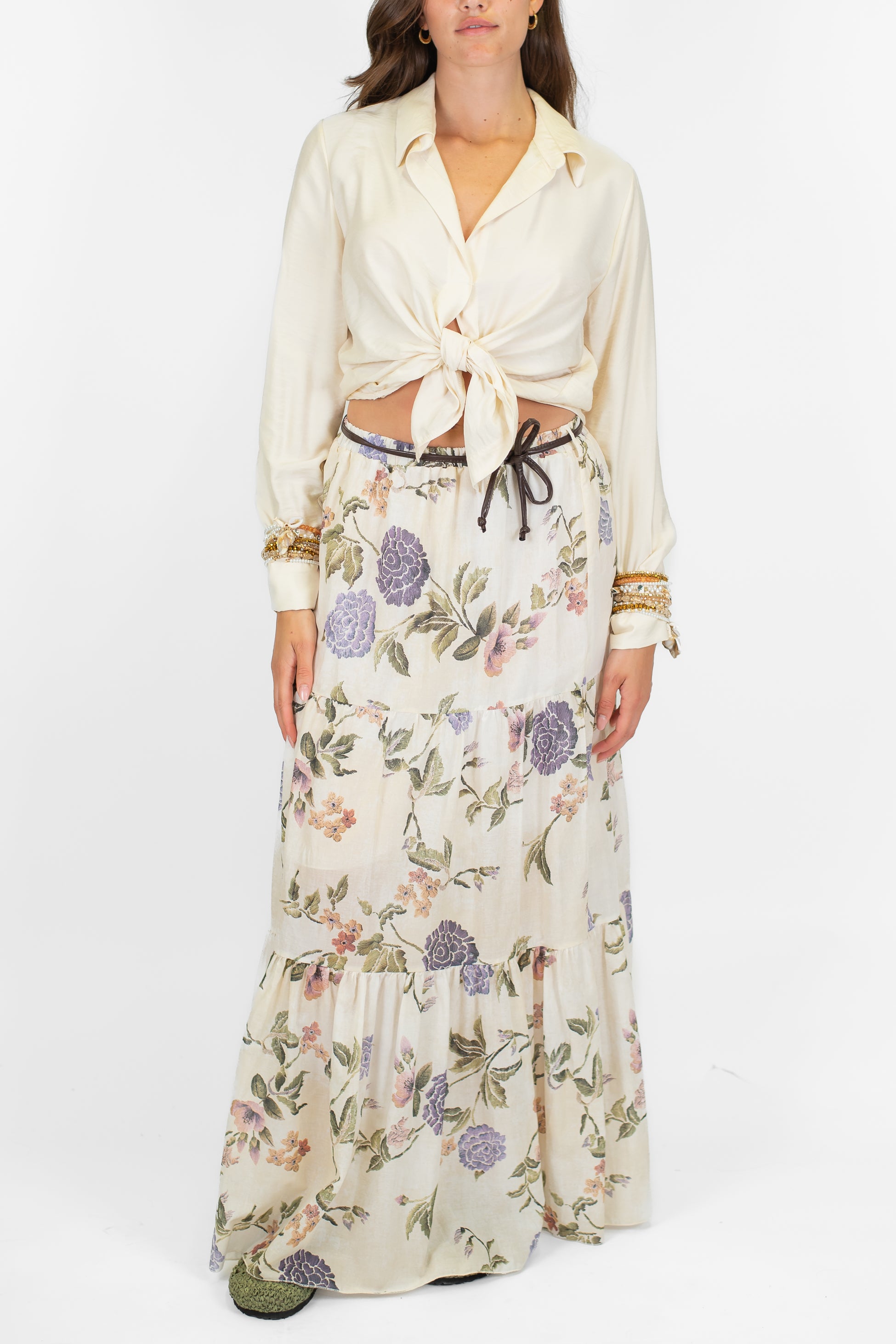 Tensione in - Gonna fantasia floreale con balze in mussola di cotone