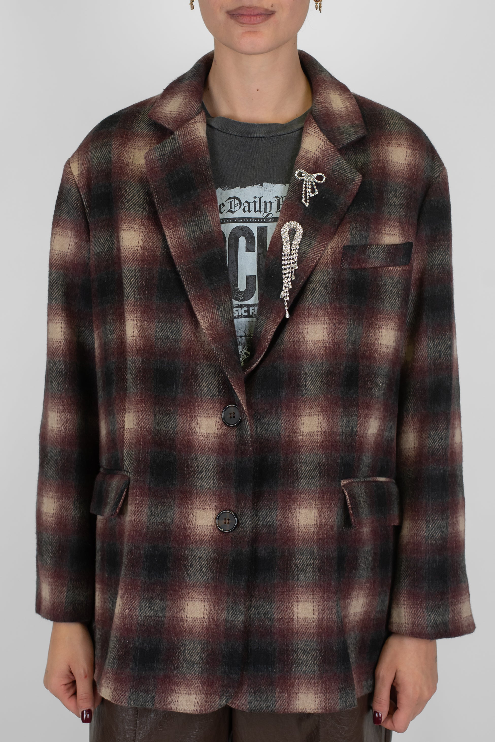 Dixie - Giacca monopetto fantasia check in misto lana con spille gioiello sul rever