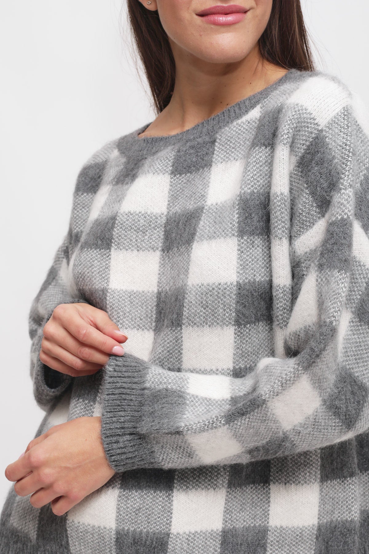 Maryley - Maglia girocollo over fantasia quadri in misto lana