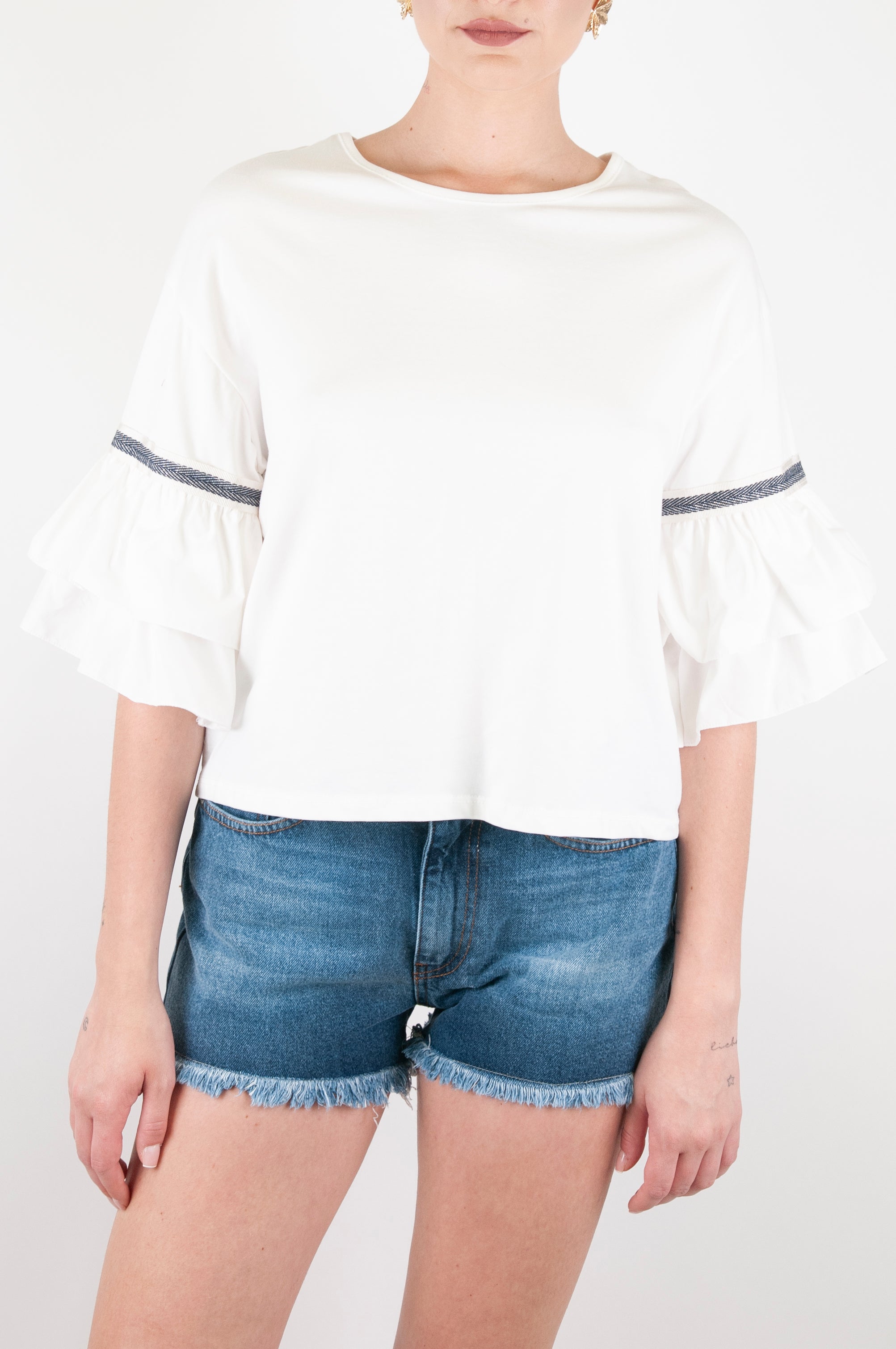 Haveone - Blusa con maniche con rouches e inserti denim