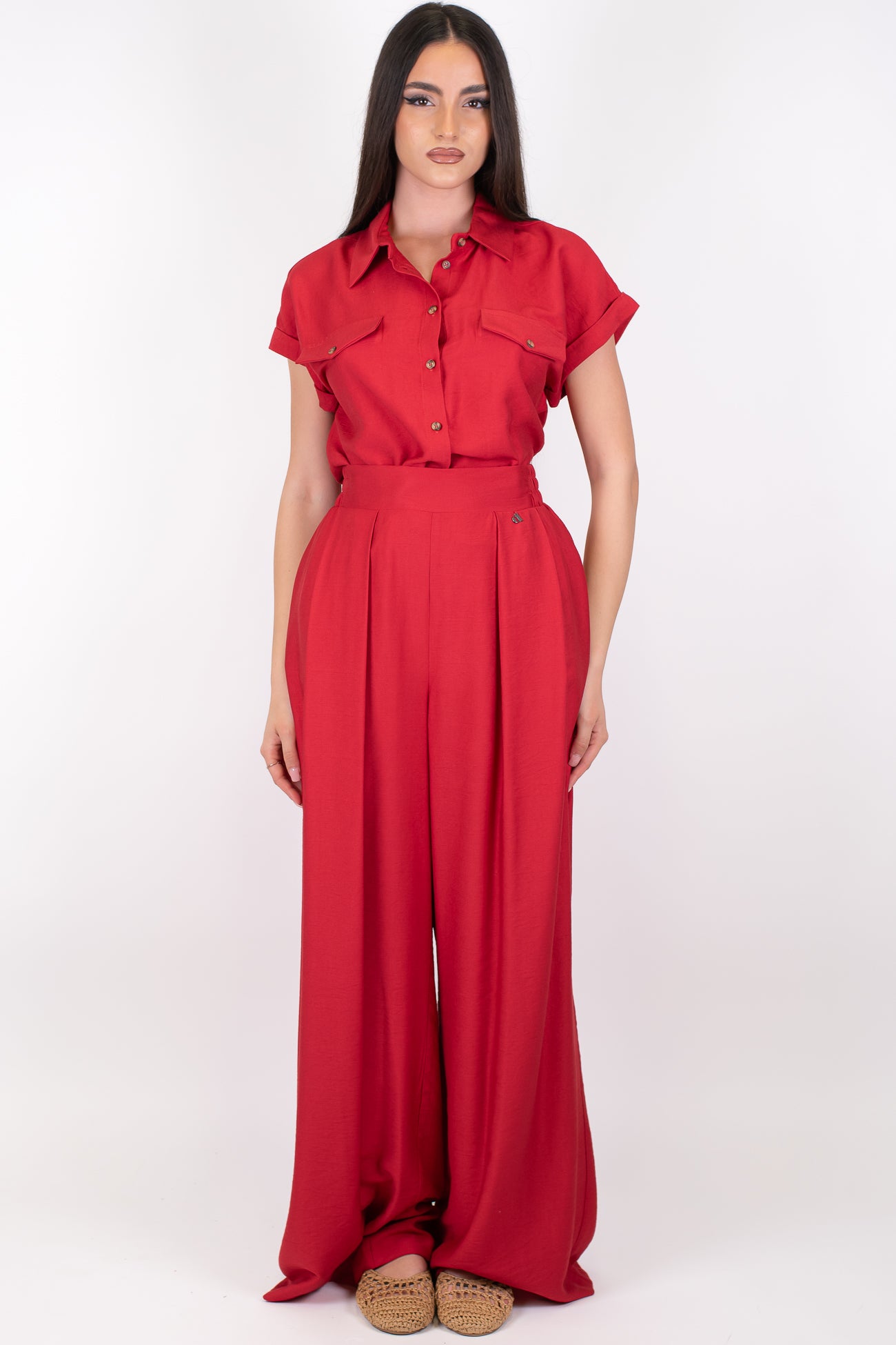 Dixie - Coordinato camicia mezzamanica e pantalone palazzo con elastico sul retro in viscosa leggera