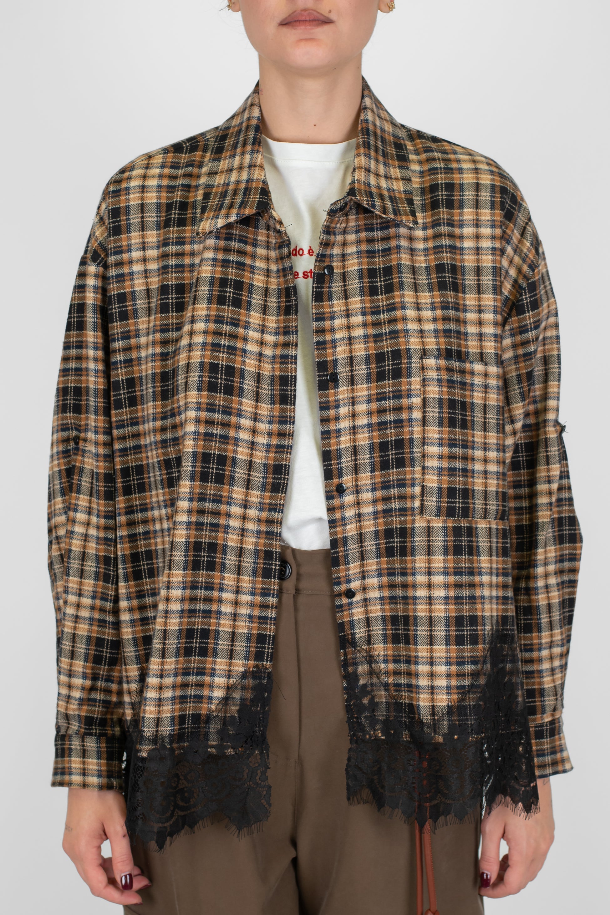 Motel - Camicia fantasia quadri con taschino e orlo in pizzo a contrasto