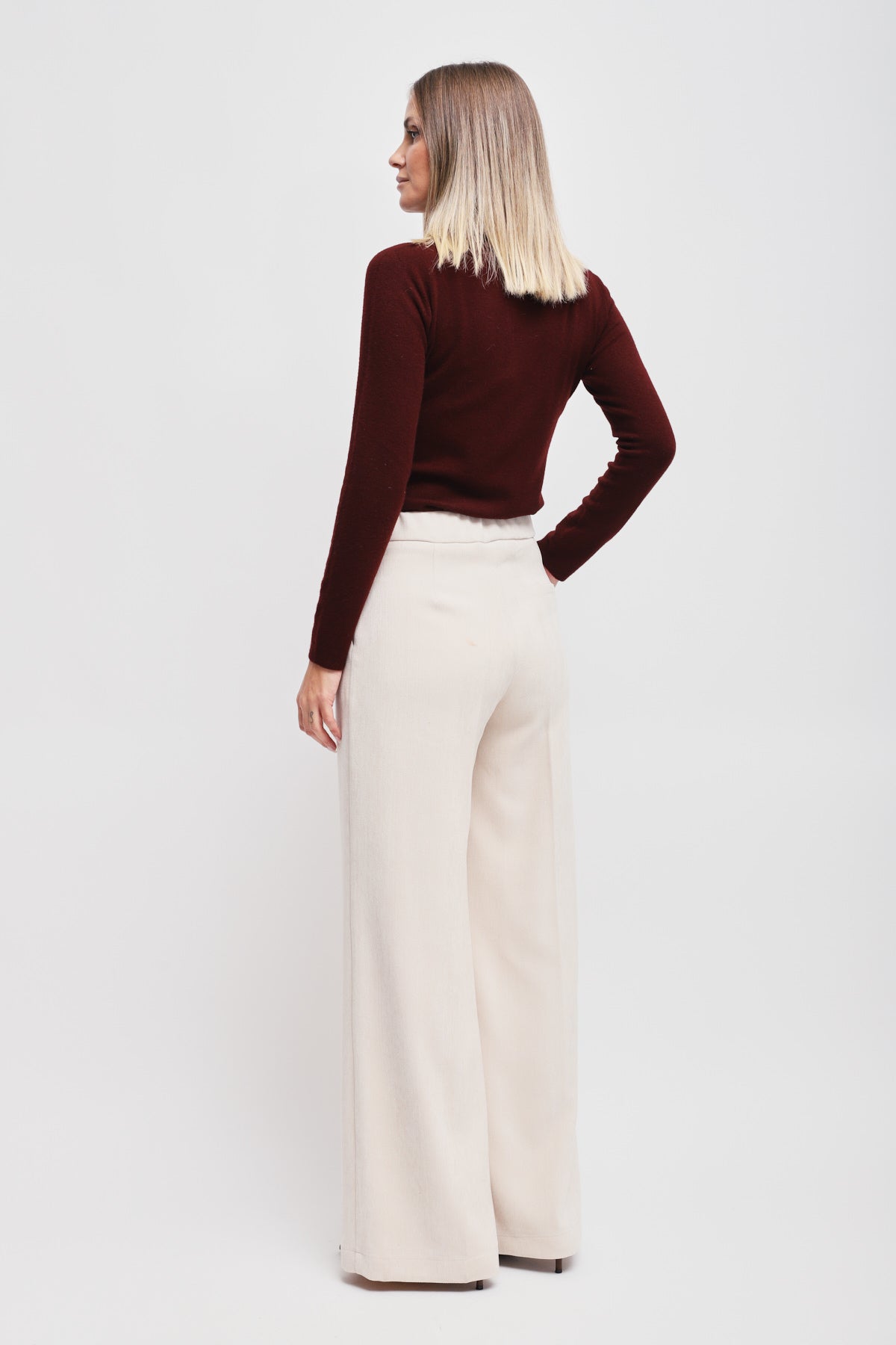 Maryley - Pantalone palazzo tessuto spigato in velluto con elastico sul retro