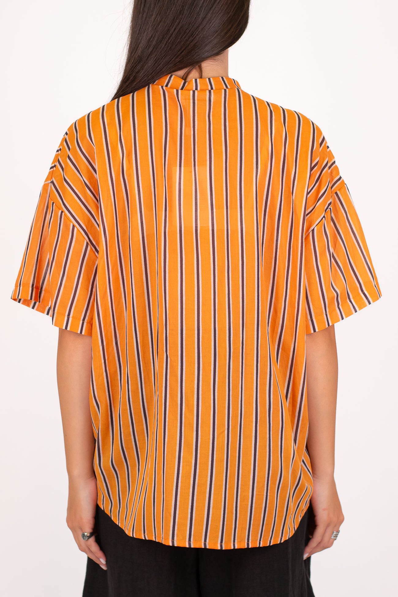 Motel - Camicia mezzemaniche fantasia a righe con collo coreano