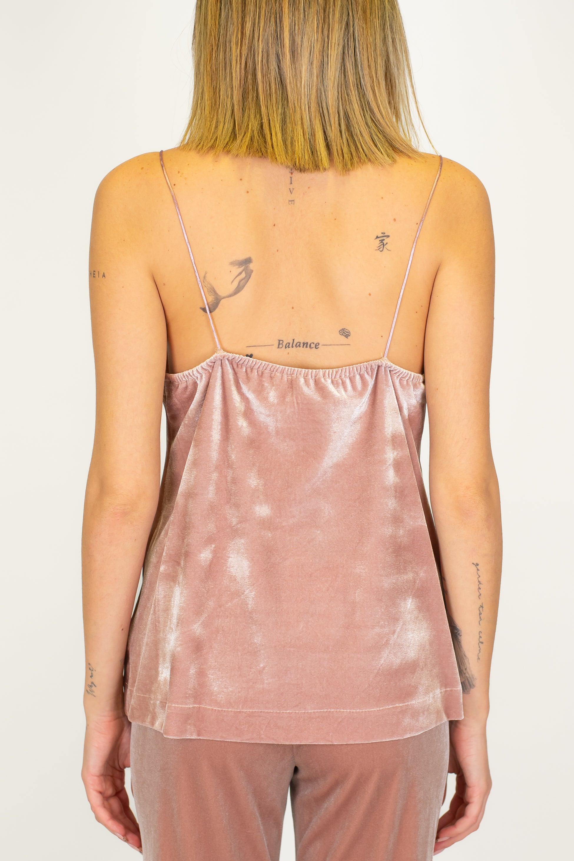 Maryley - Top scollo a V in velluto con bretelline e orlo in pizzo