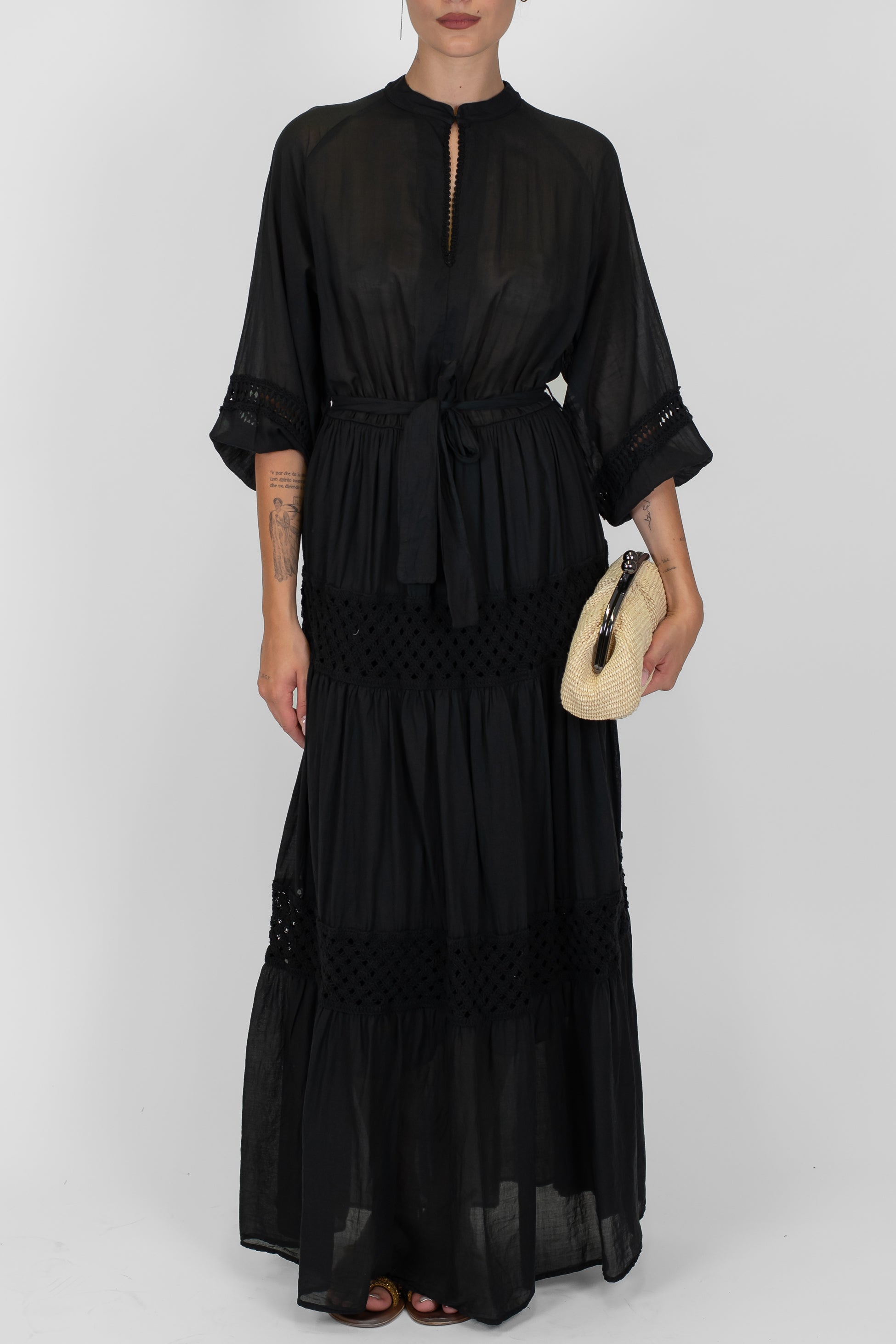 Dixie - Abito lungo in mussola di cotone con inserti crochet