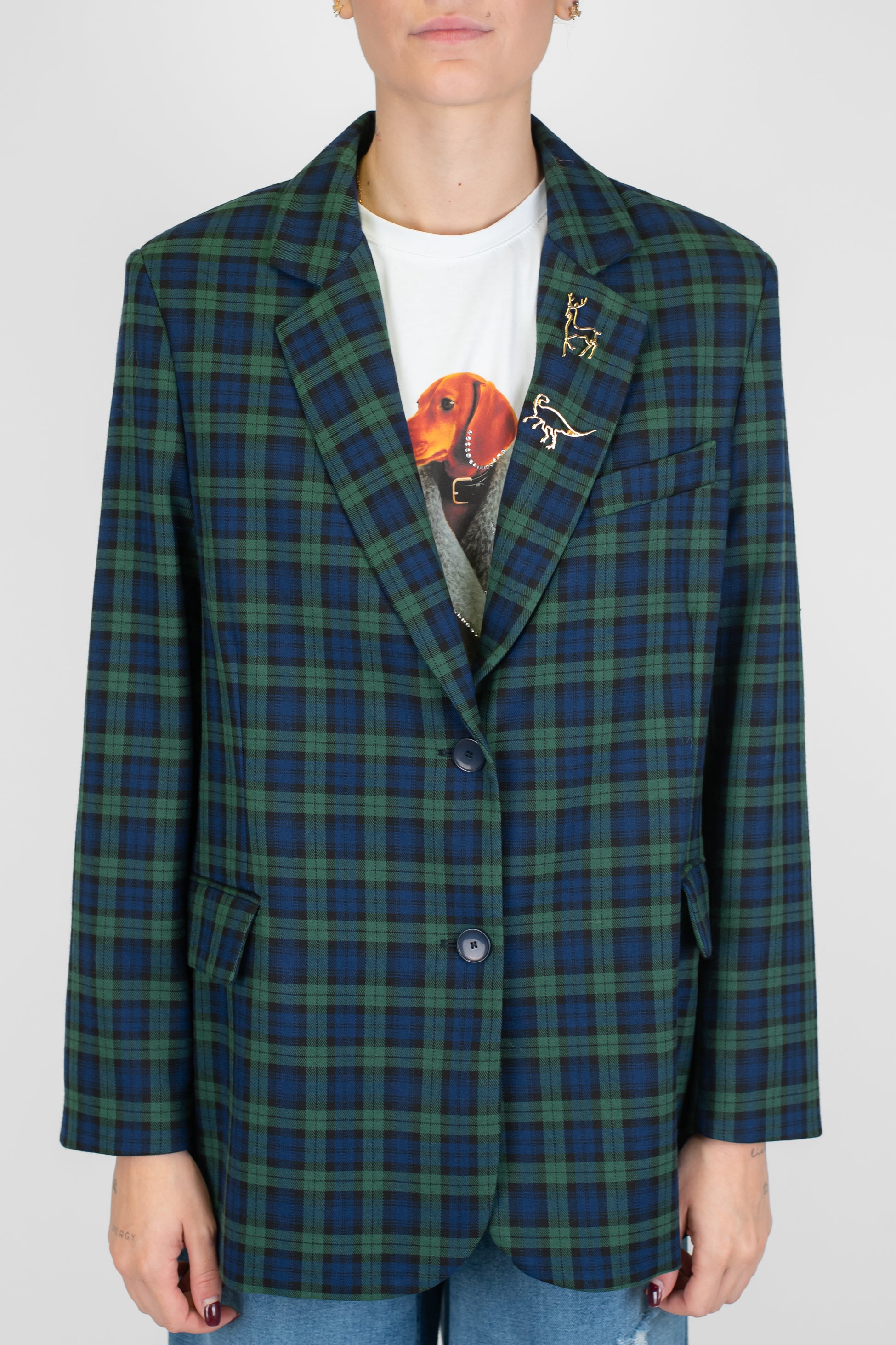 Motel - Giacca fantasia quadri con spalline e spille