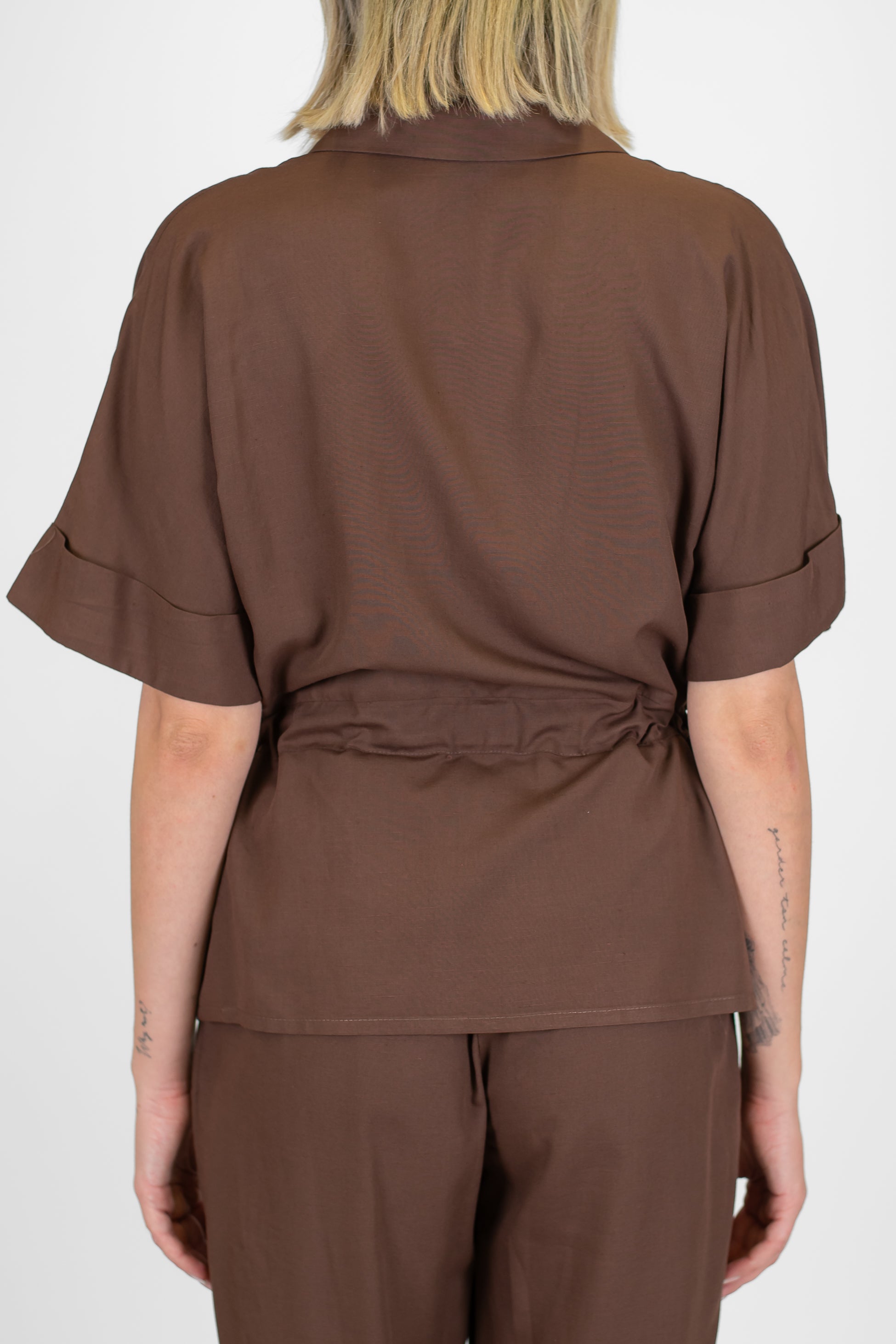 Motel - Coordinato camicia e pantalone in misto lino con elastico con in vita