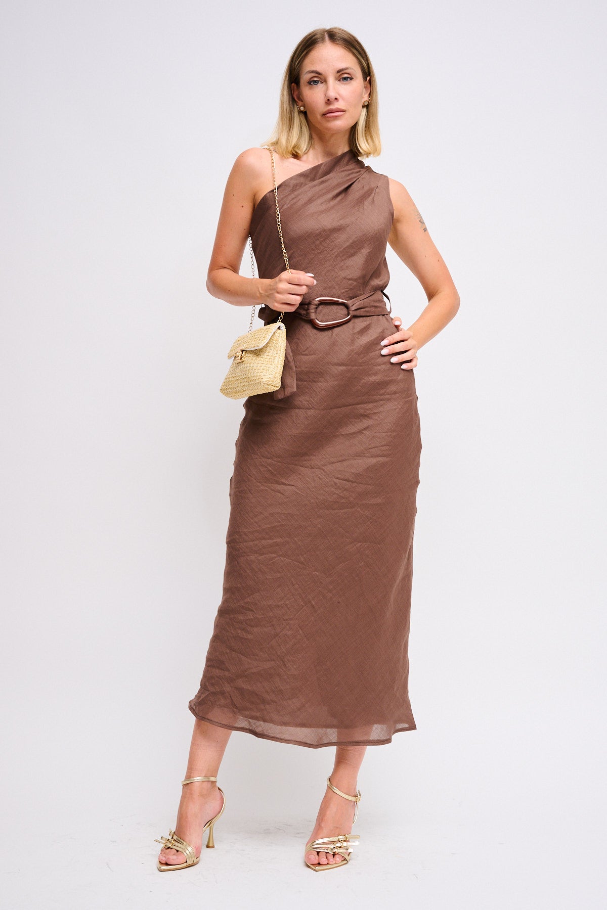 Maryley - Abito lungo monospalla in lino con cintura in vita