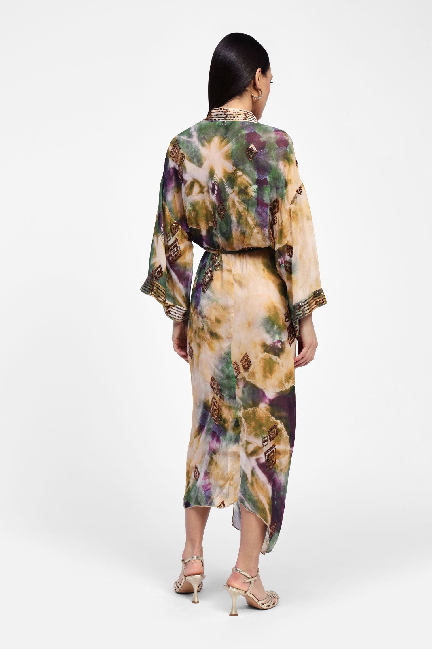 Dixie - Abito lungo fantasia con drappeggio e paillettes