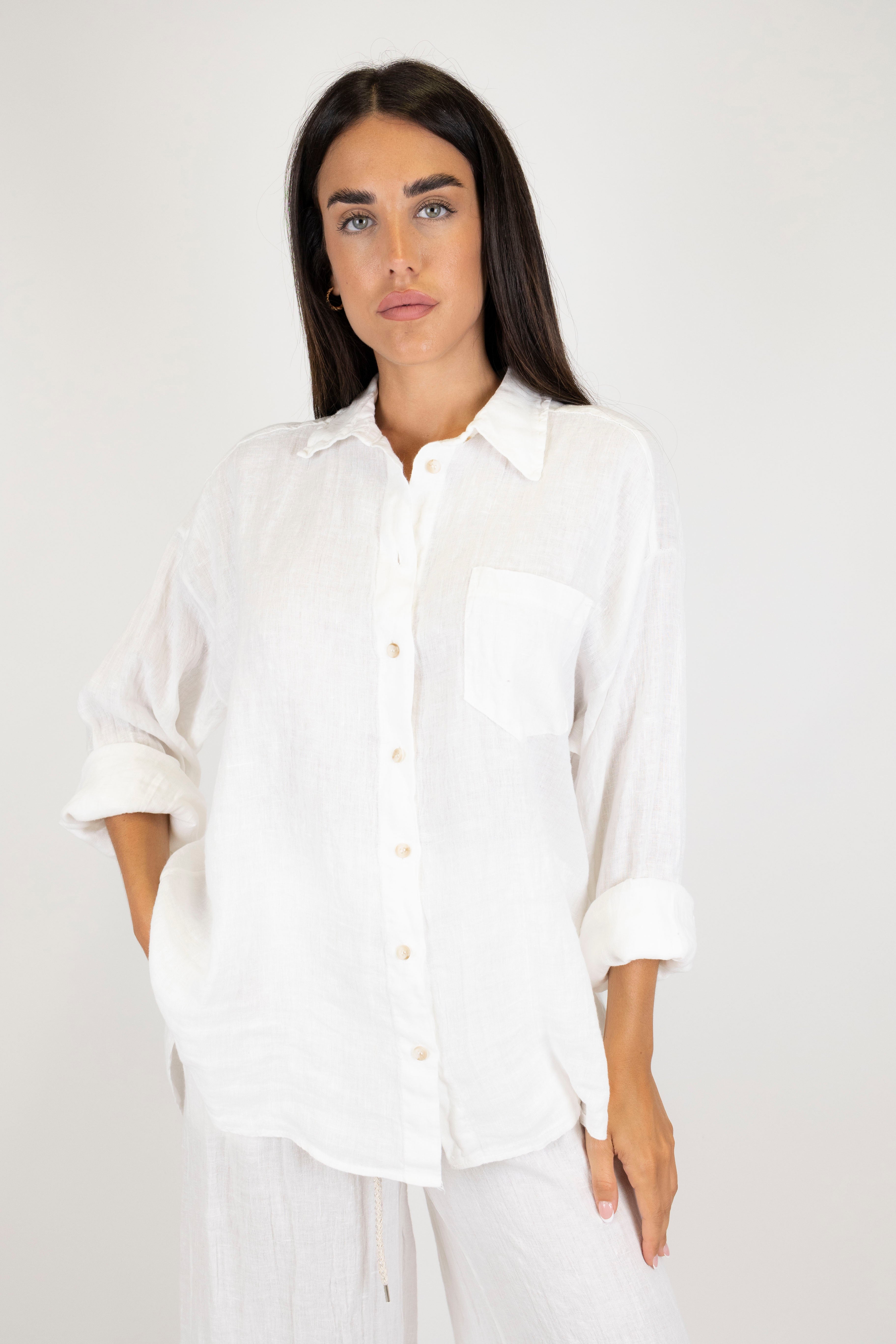 Tension in - Solid color linen shirt with pocket