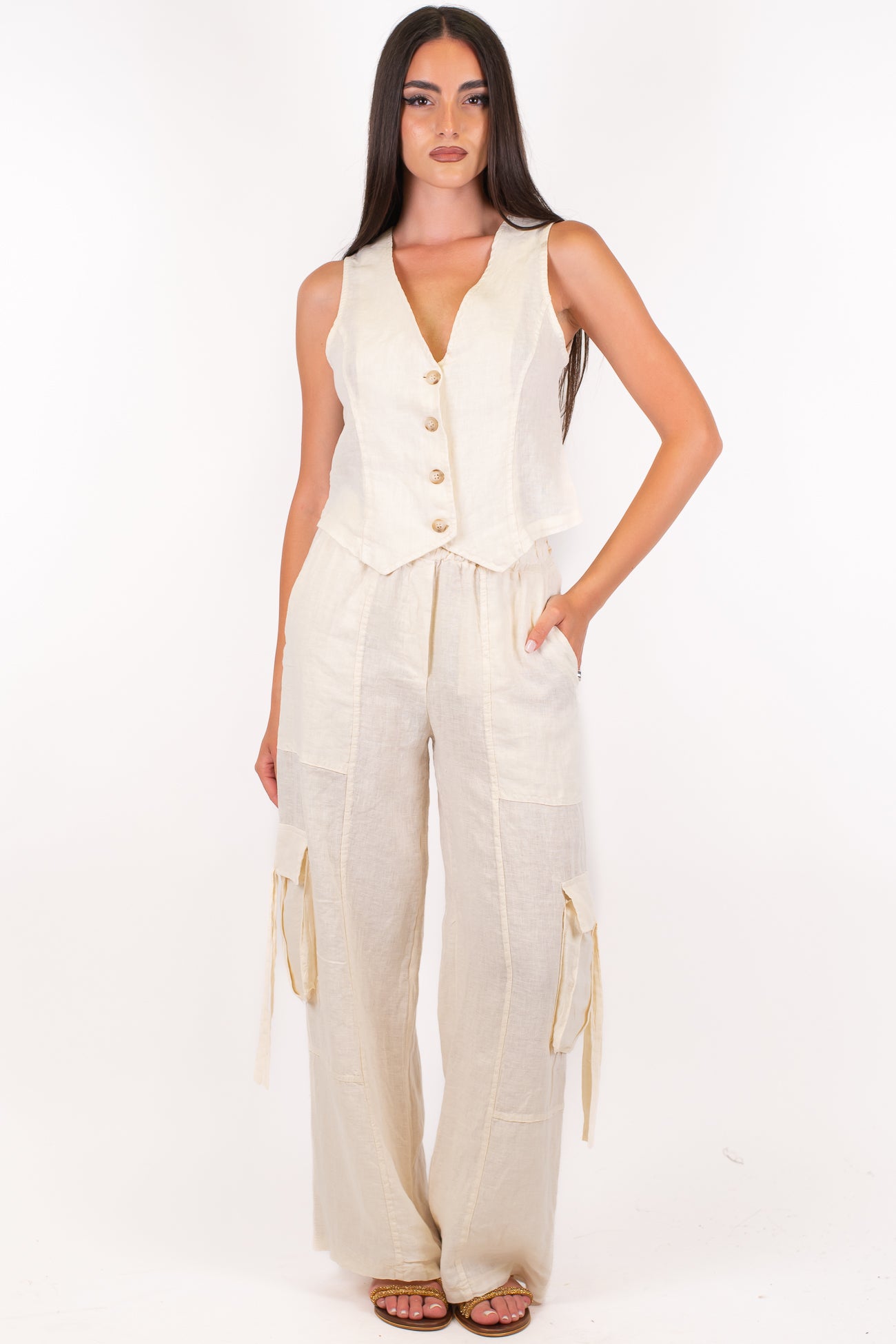 Haveone - Coordinato in puro lino con gilet e pantalone cargo palazzo con elastico in vita