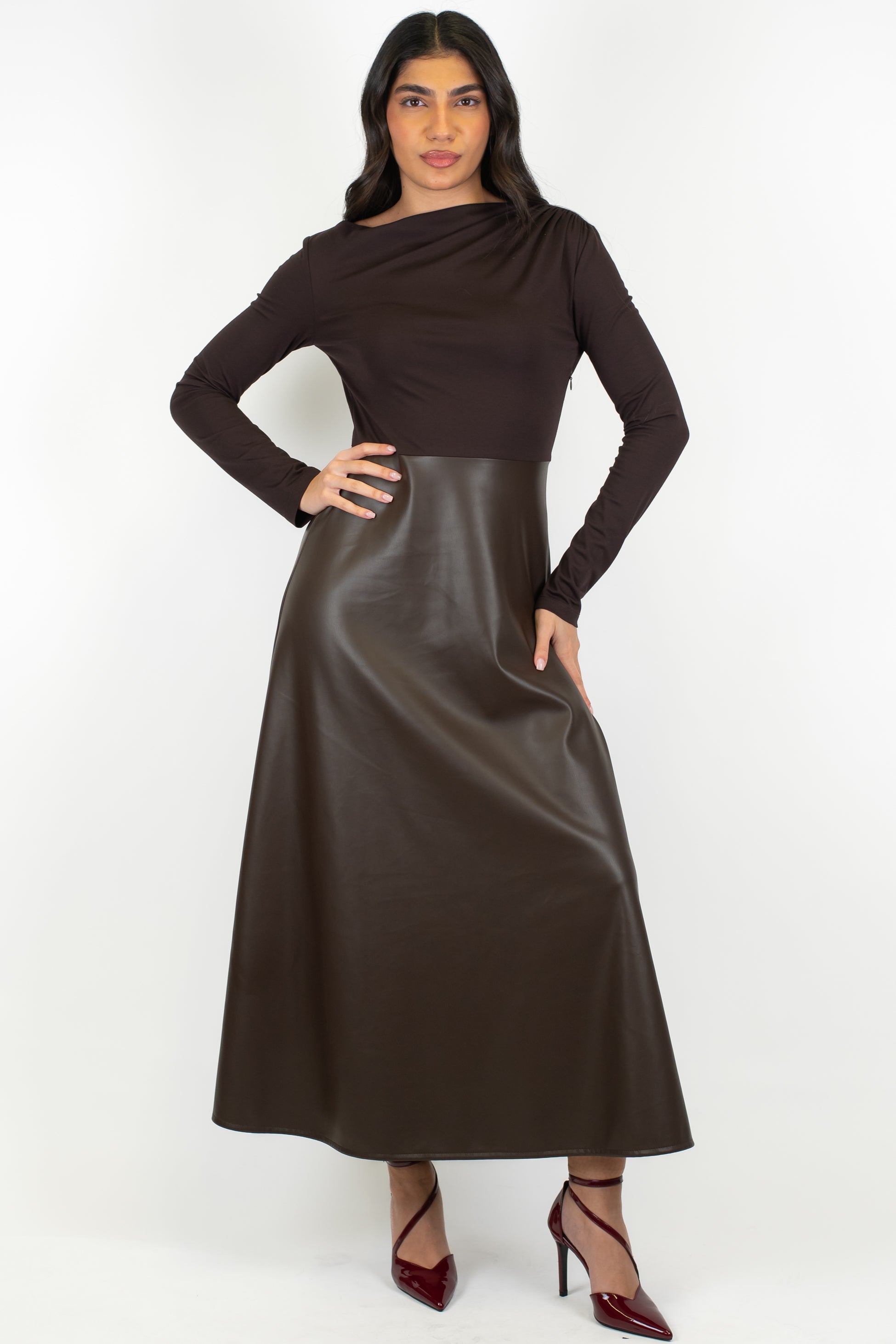 Imperial - Abito lungo scollo a barca con gonna in ecopelle