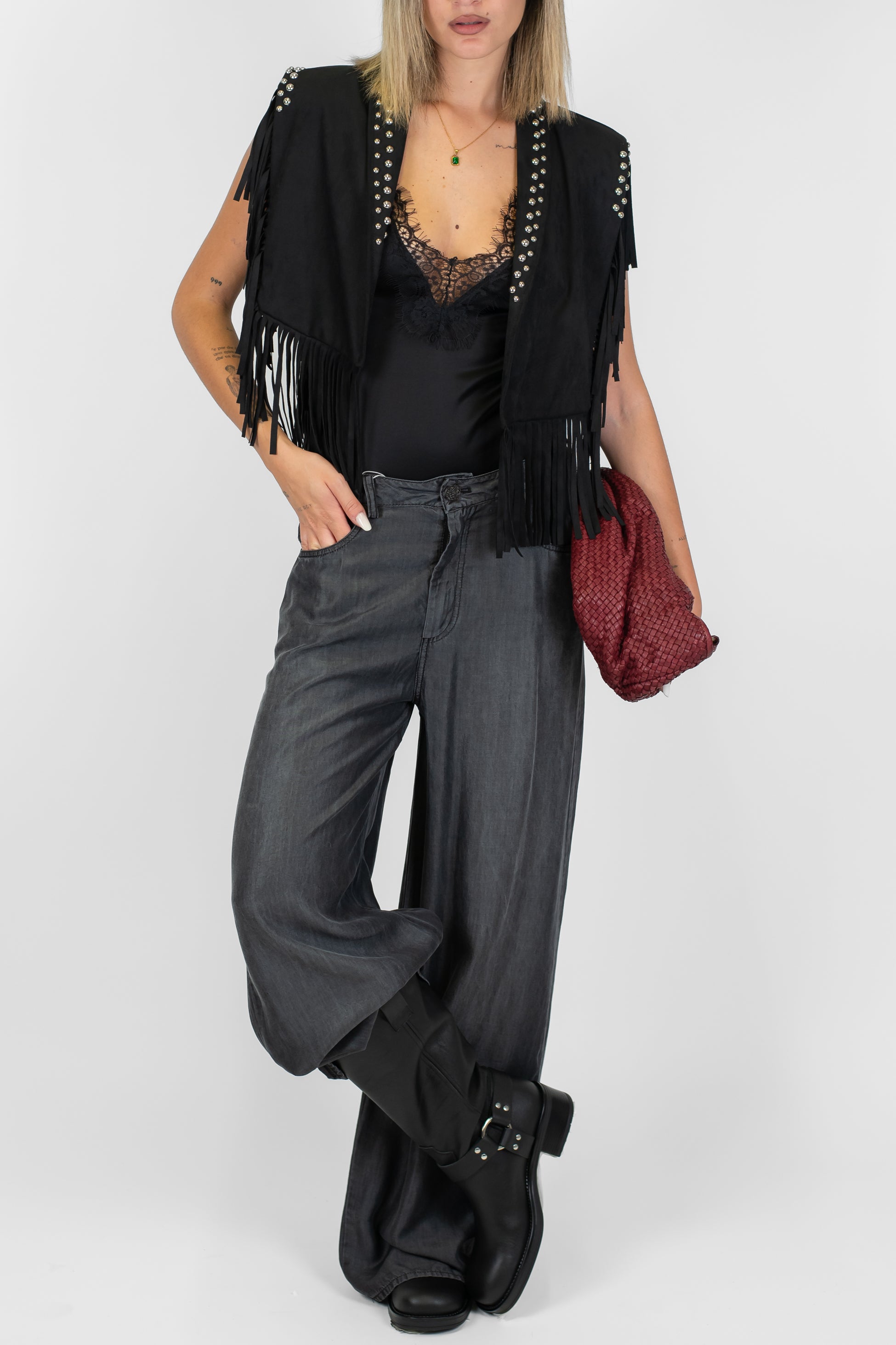 Haveone - Mantella in dainetto con borchie e frange