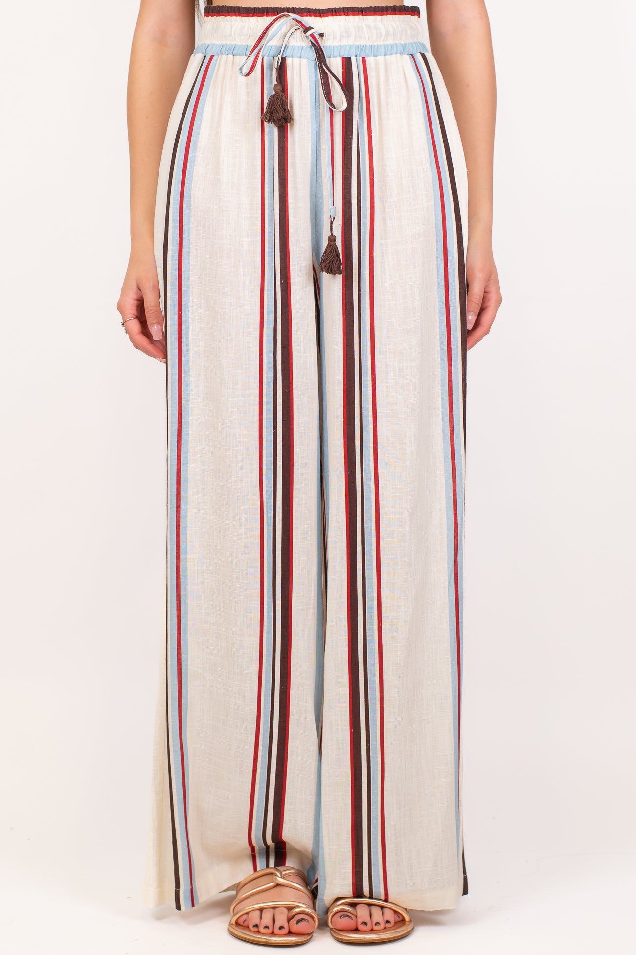 Tensione in - Pantalone palazzo fantasia righe a contrasto in misto lino con coulisse