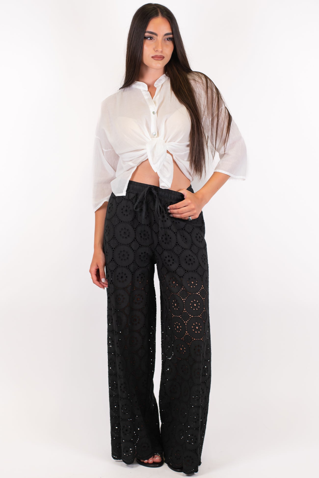 Haveone - Pantalone palazzo in pizzo sangallo con coulisse