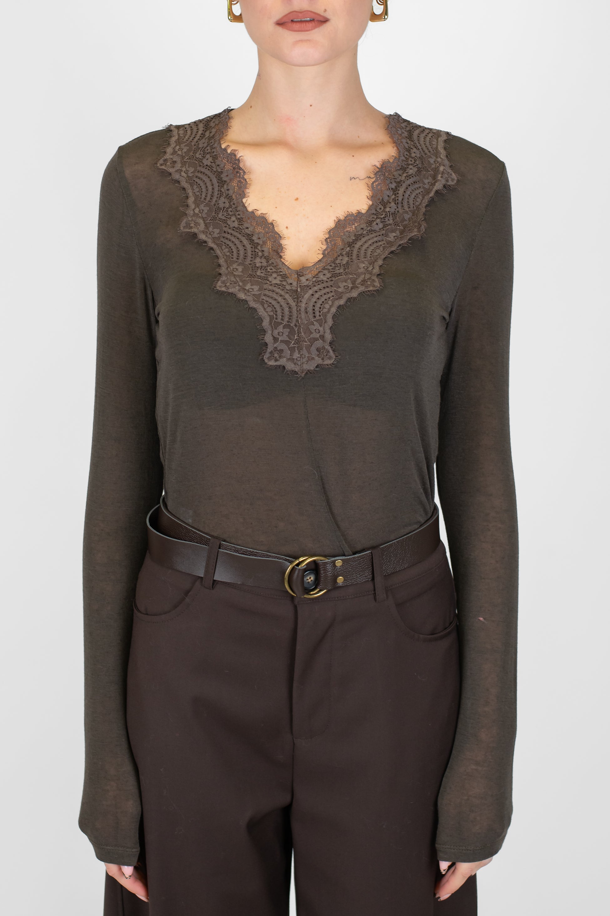 Haveone - Maglia basic in misto cashmere con scollo a V in pizzo