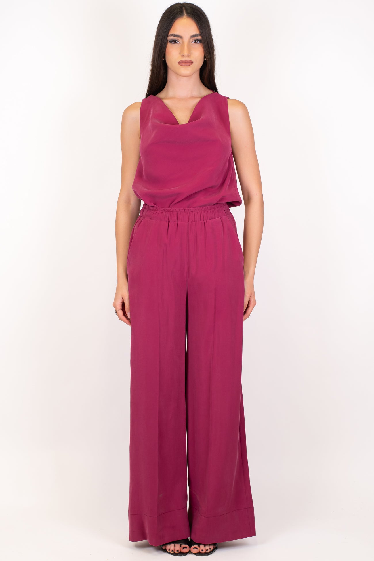 Maryley - Coordinato con top lungo asimmetrico e pantalone palazzo con elastico in vita