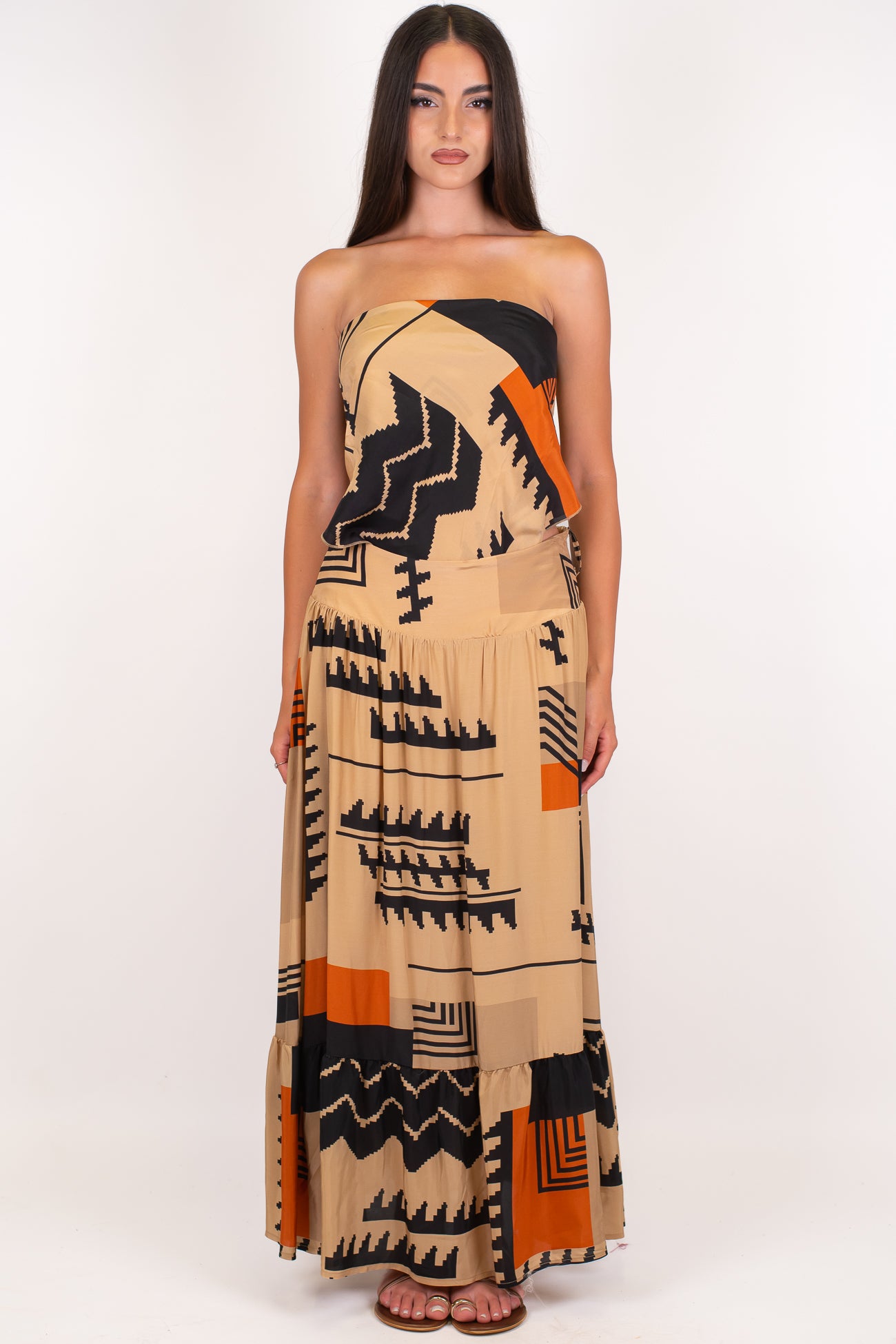 Dixie - Coordinato fantasia etnica in viscosa con gonna e top fazzoletto