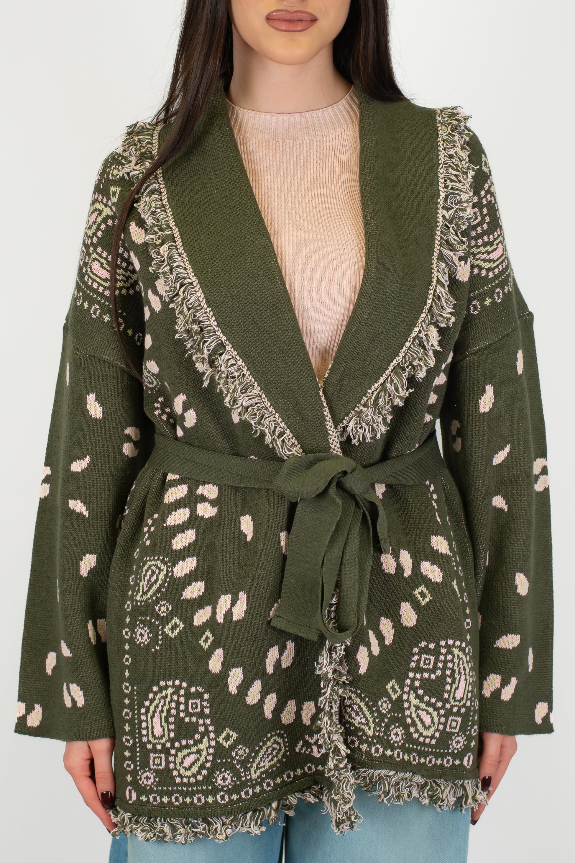 Tensione in - Cardigan fantasia bandana con frange