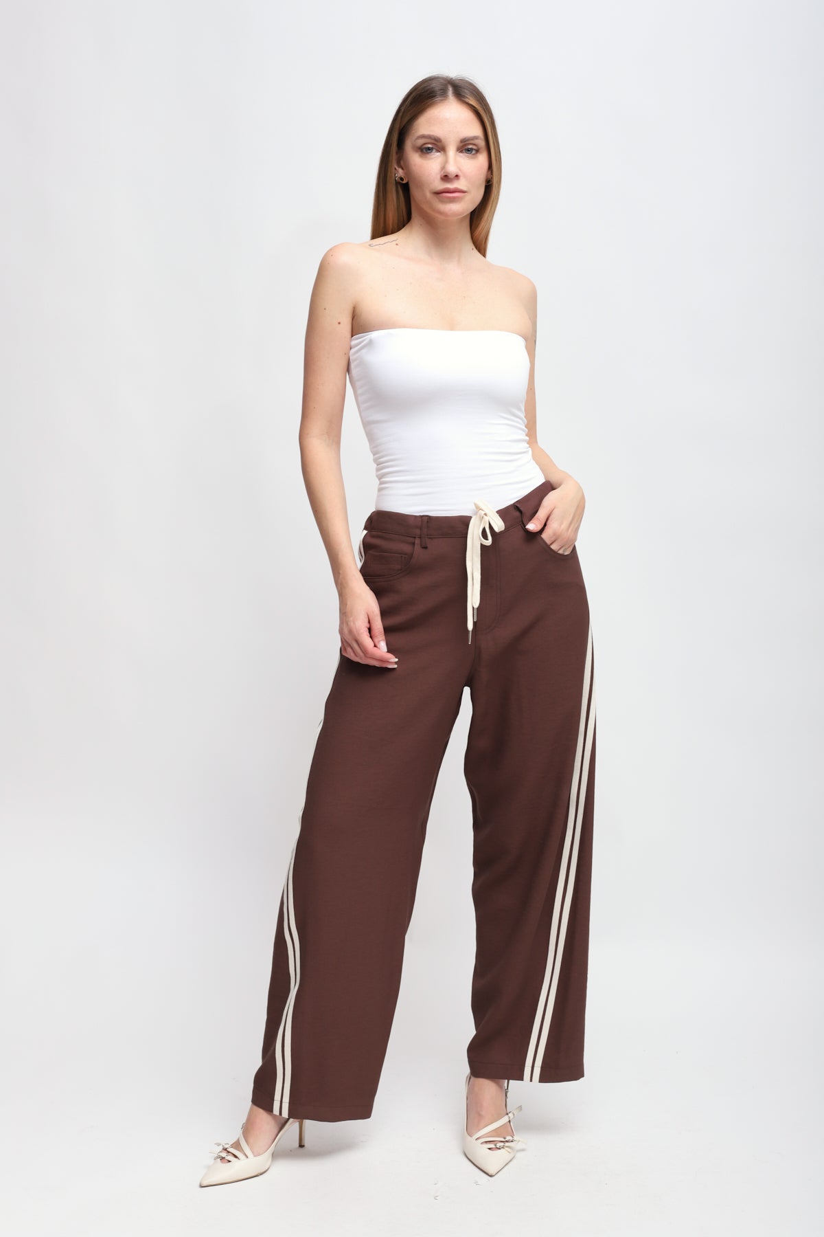 Maryley - Pantalone palazzo in viscosa leggera con coulisse ed bande laterali a contrasto
