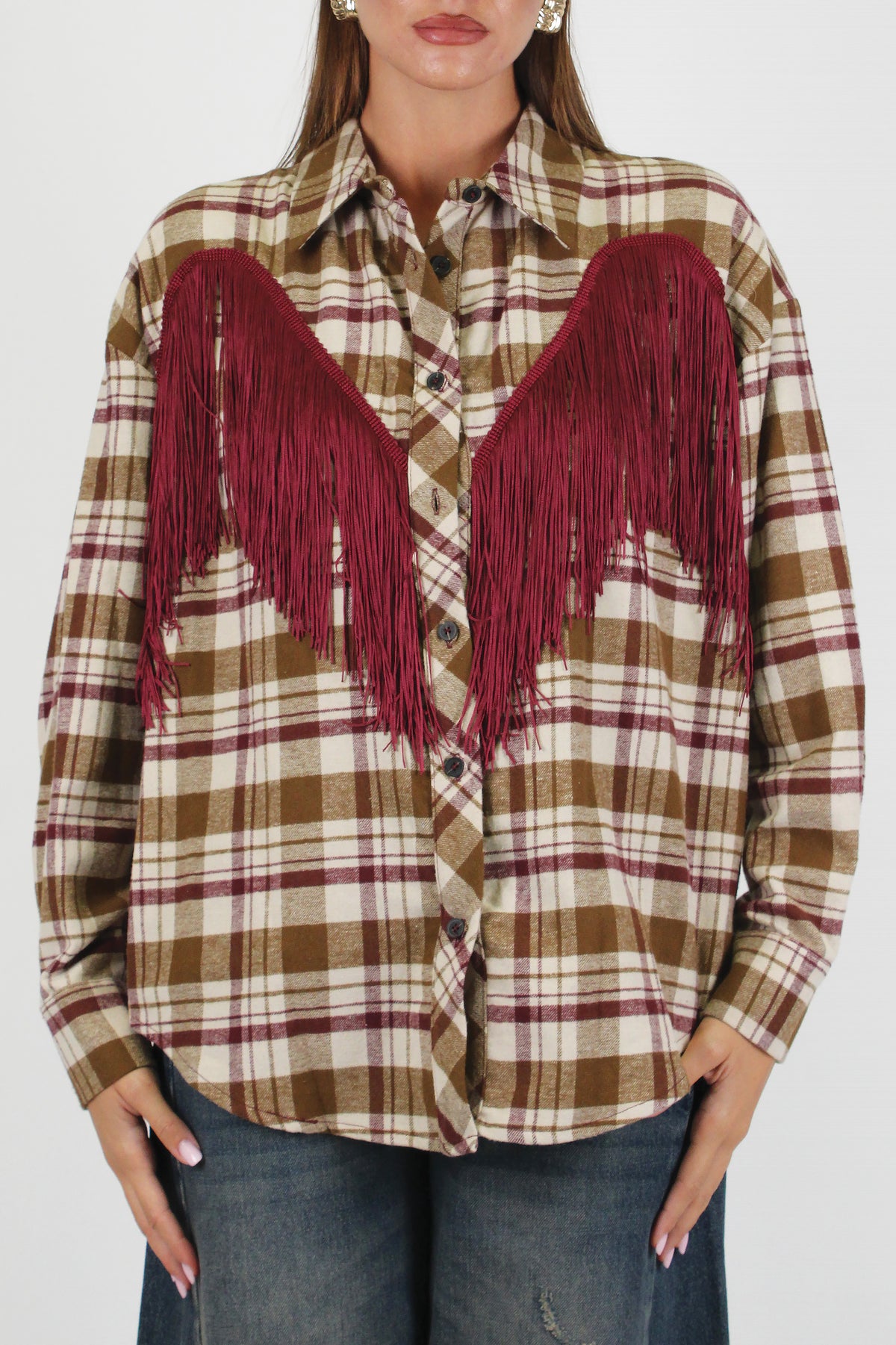 Tensione in - Camicia over fantasia check con frange fronte-retro