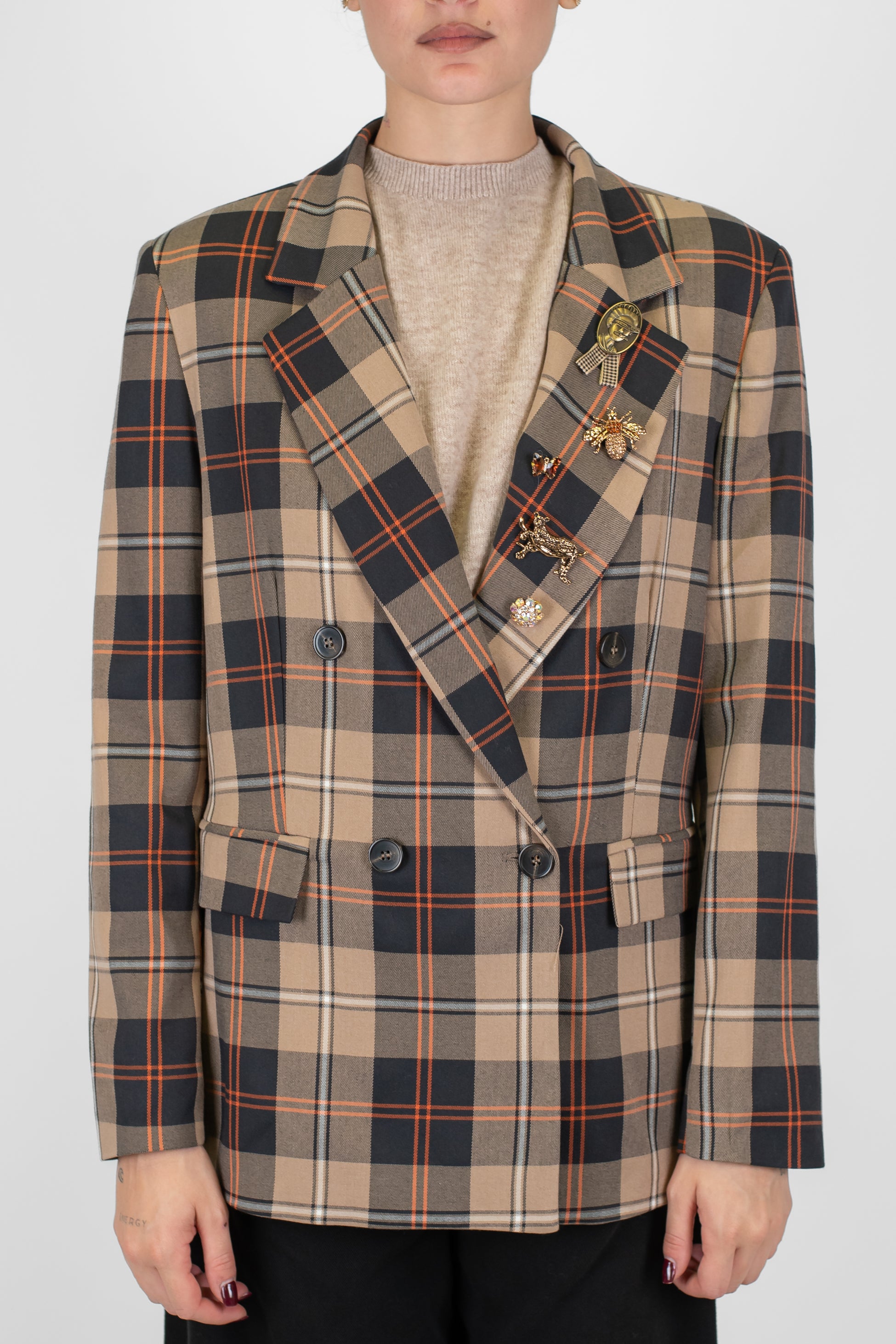 Motel - Giacca doppiopetto fantasia check con spille