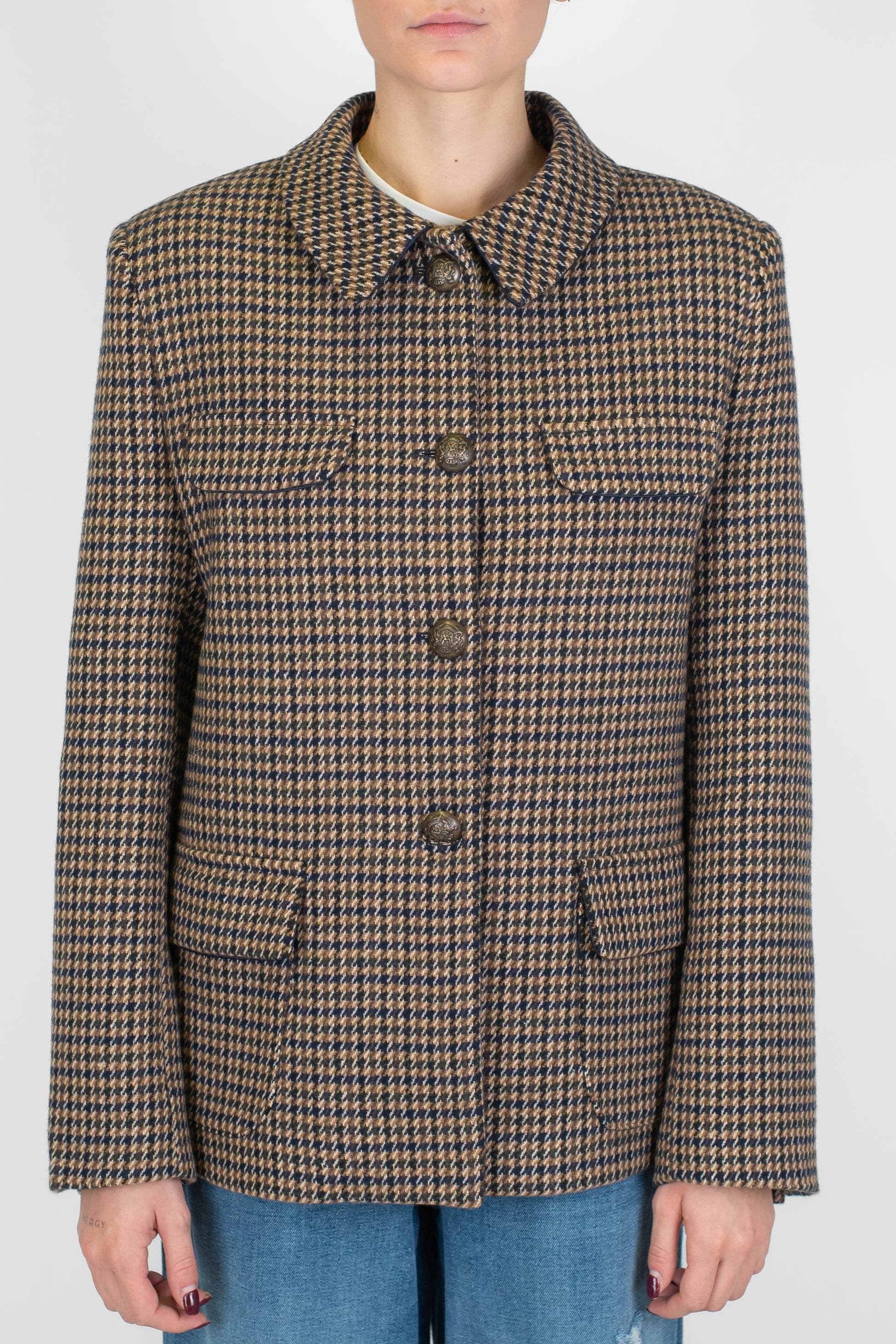 Tensione in - Cappotto corto fantasia pied de poule in misto lana con spalline