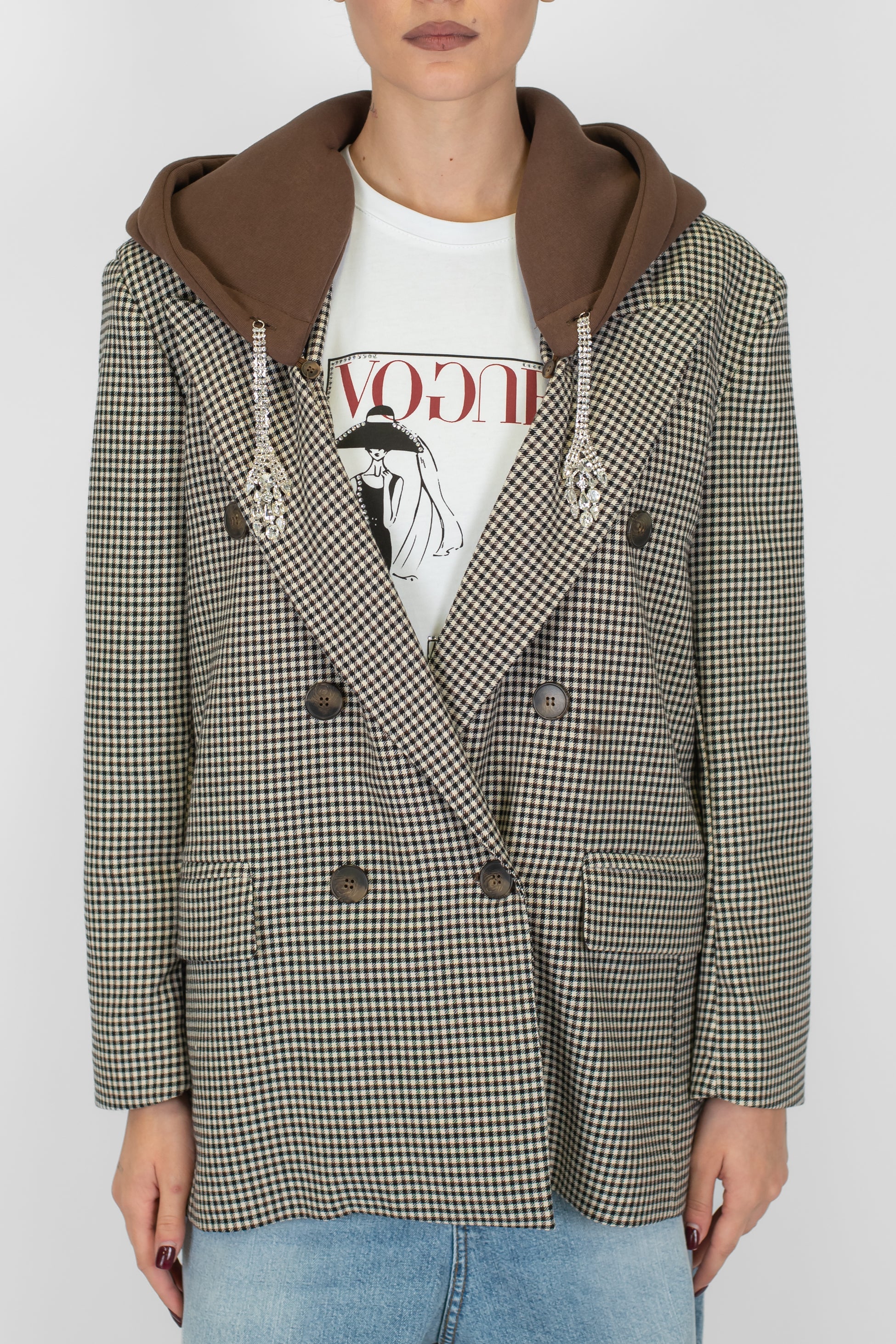 Tensione in - Giacca doppiopetto fantasia quadretti con cappuccio e strass