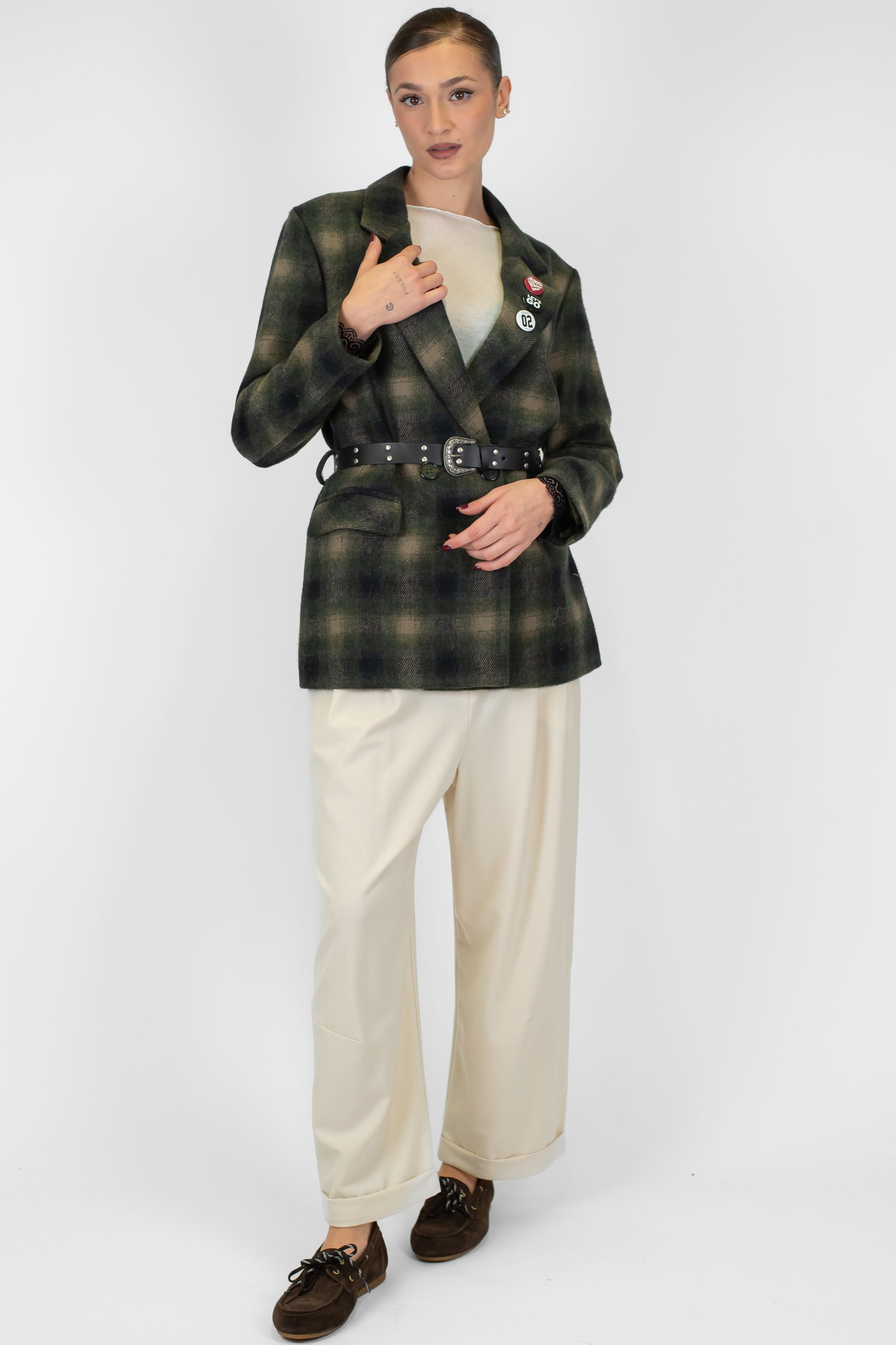 Dixie - Giacca doppiìopetto in misto lana fantasia check con spille