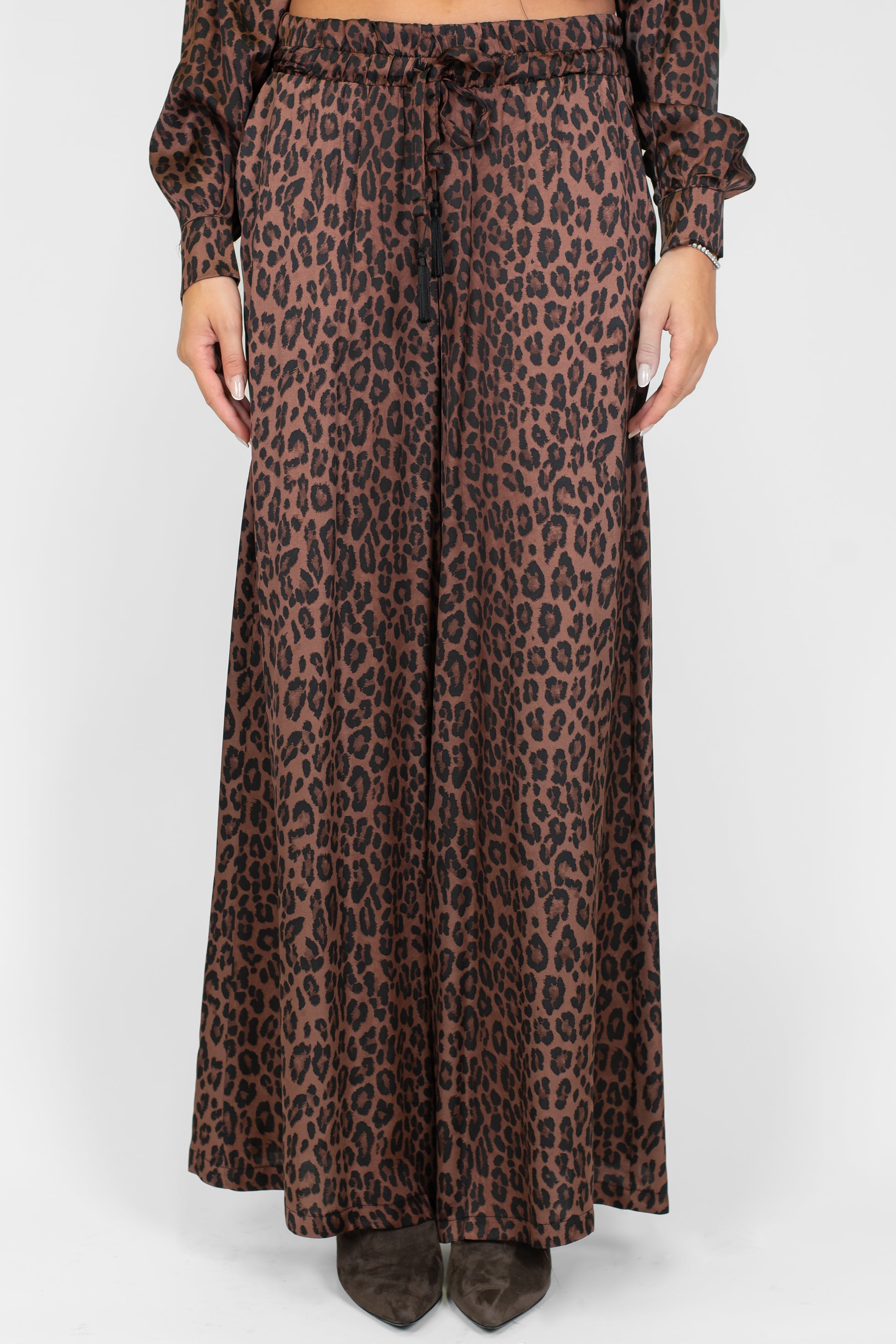 Motel - Pantalone palazzo fantasia animalier in viscosa con coulisse