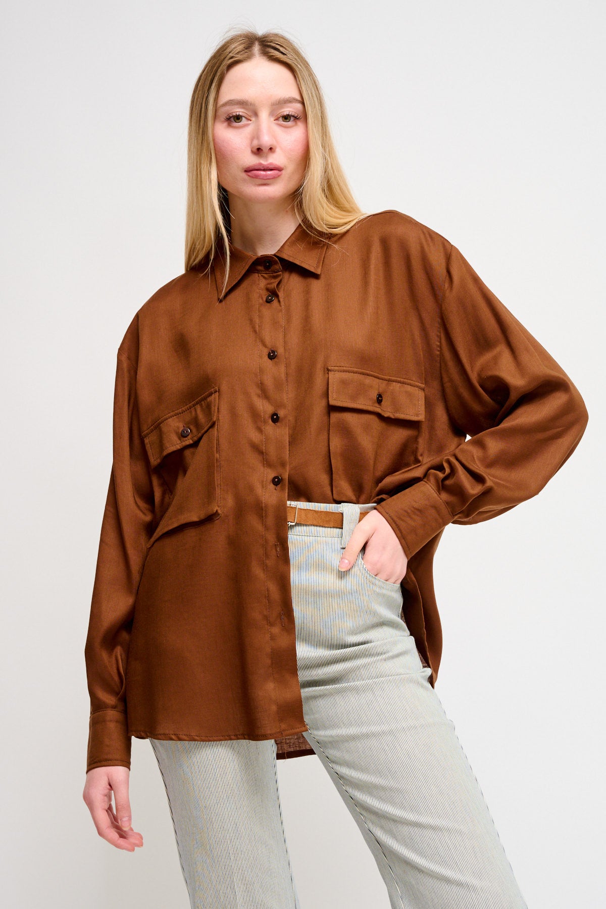 Maryley - Camicia over con taschini in misto Lyocell e lino