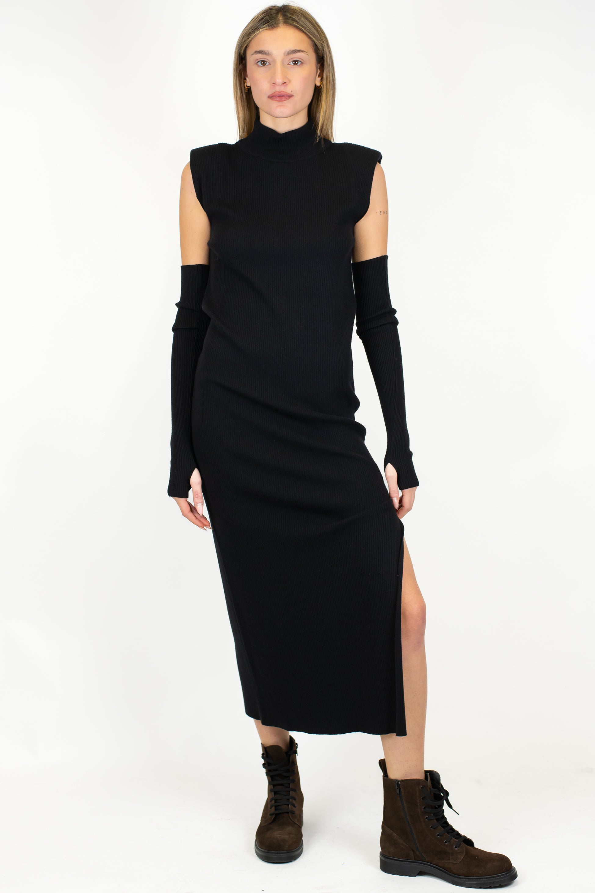 Dixie - Abito lungo giromanica in maglia a coste con spalline, manicotti e spacco laterale