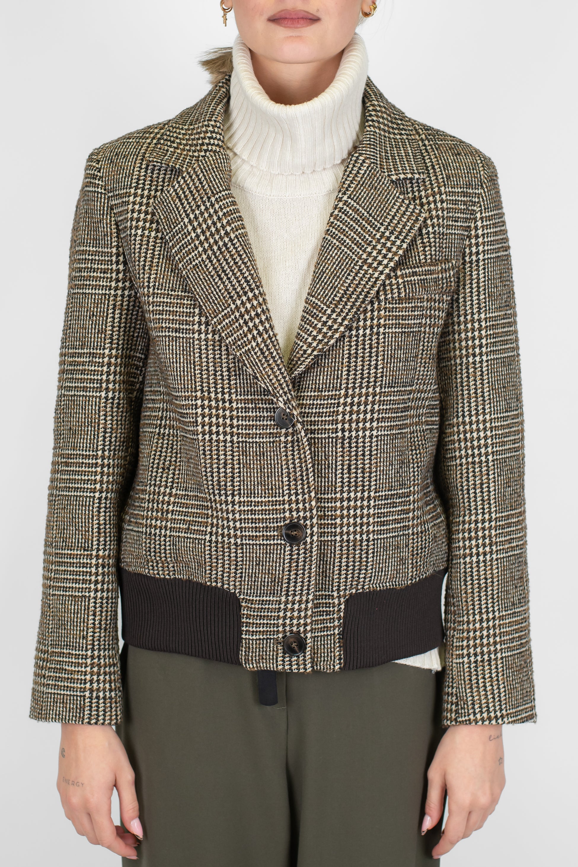 Tensione in - Giacca crop fantasia principe di galles in misto lana con elastico sul fondo