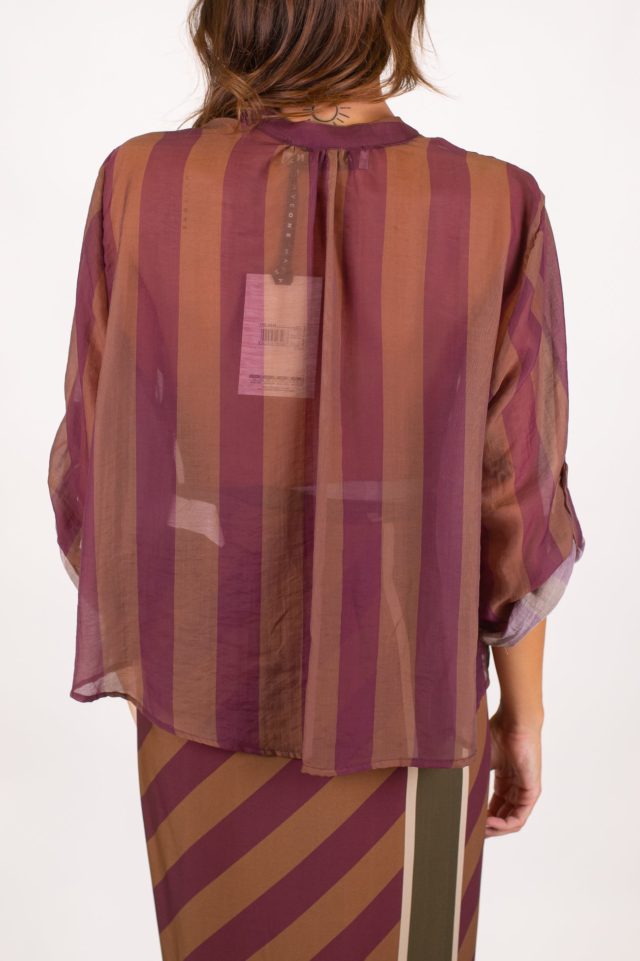 Haveone - Camicia fantasia a righe a contrasto in lyocell con manica tre quarti