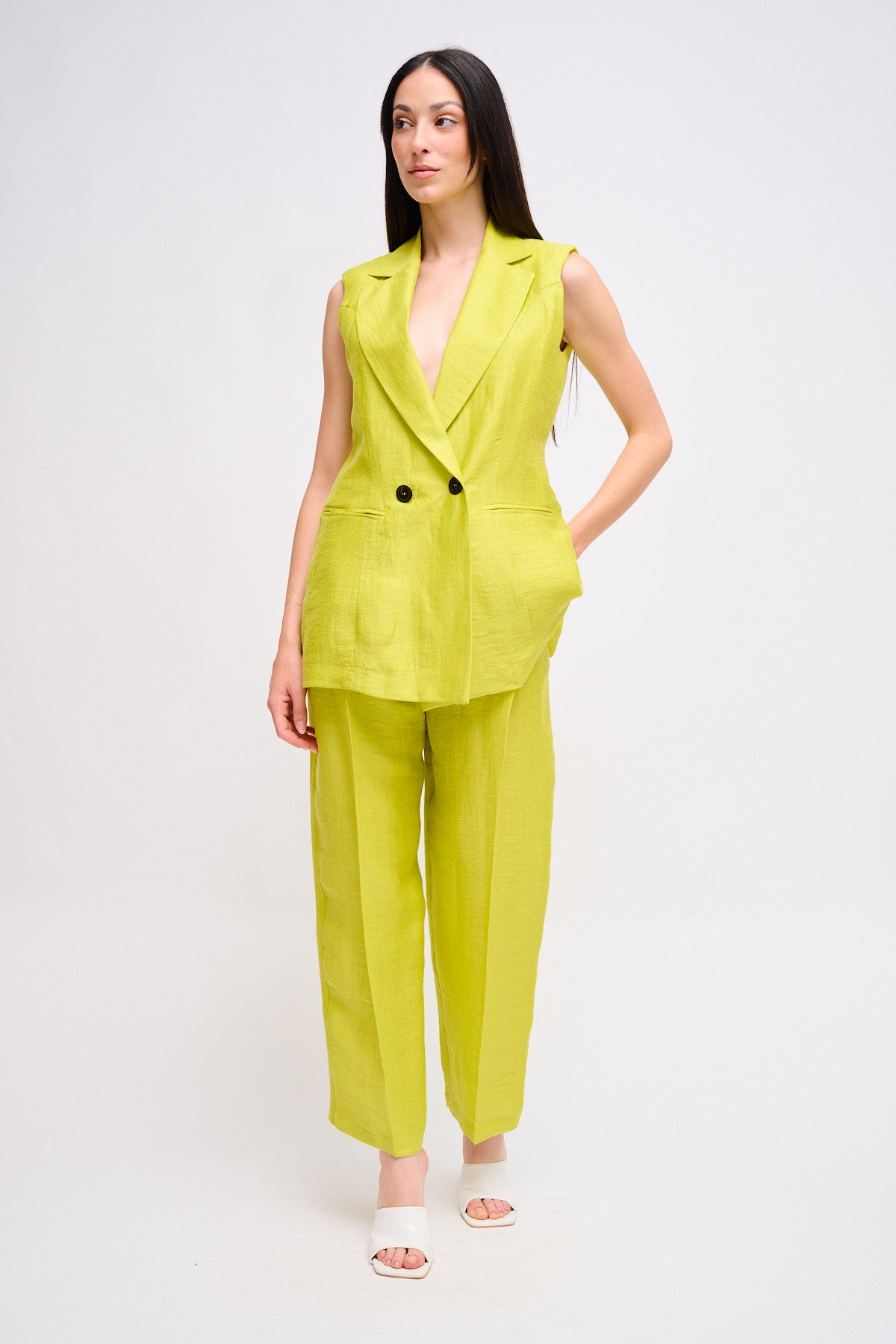 Maryley - Pantalone regular in misto lino con pinces e cintura in tessuto