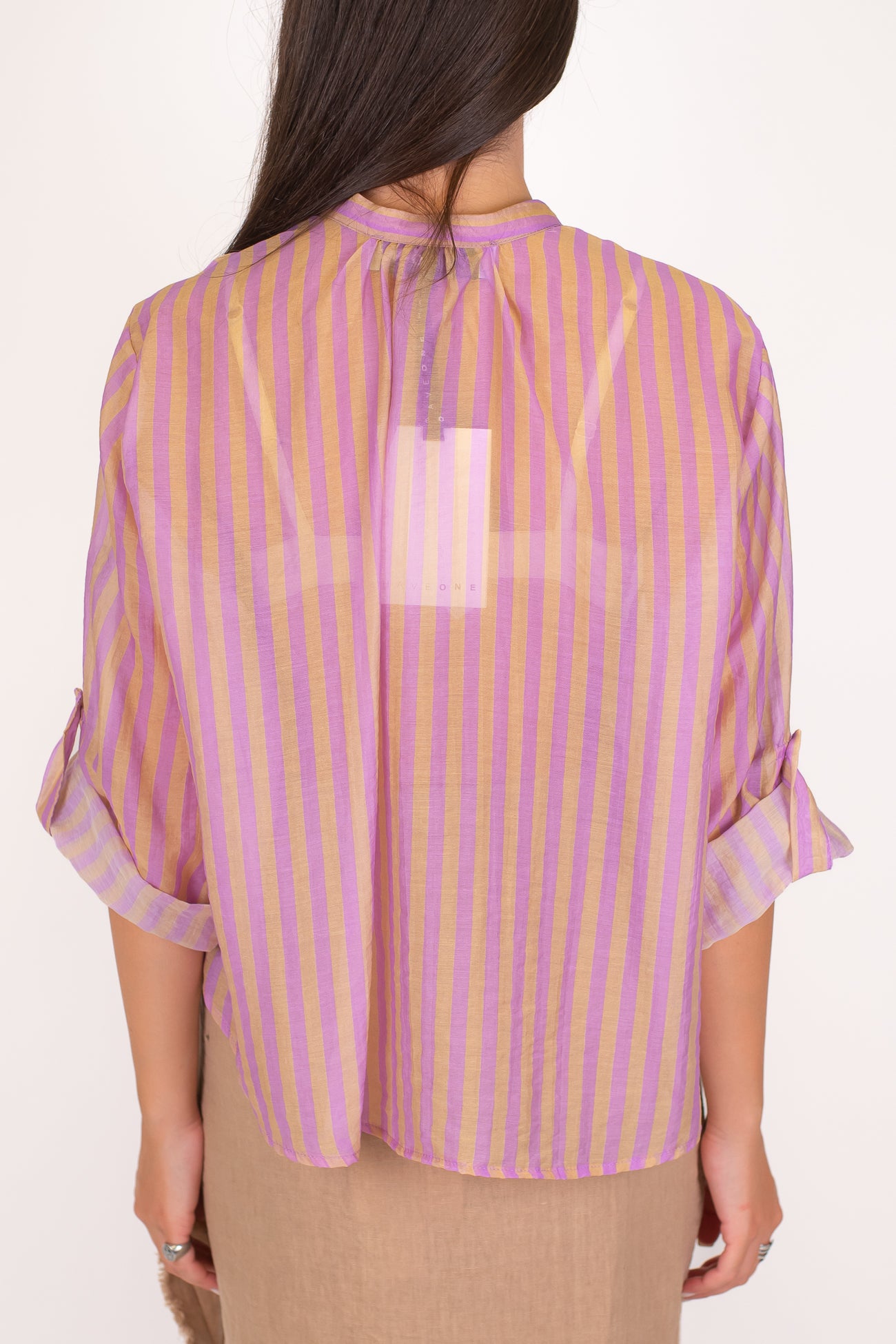 Haveone - Camicia a righe strette in lyocell con collo coreano e pinces sul retro
