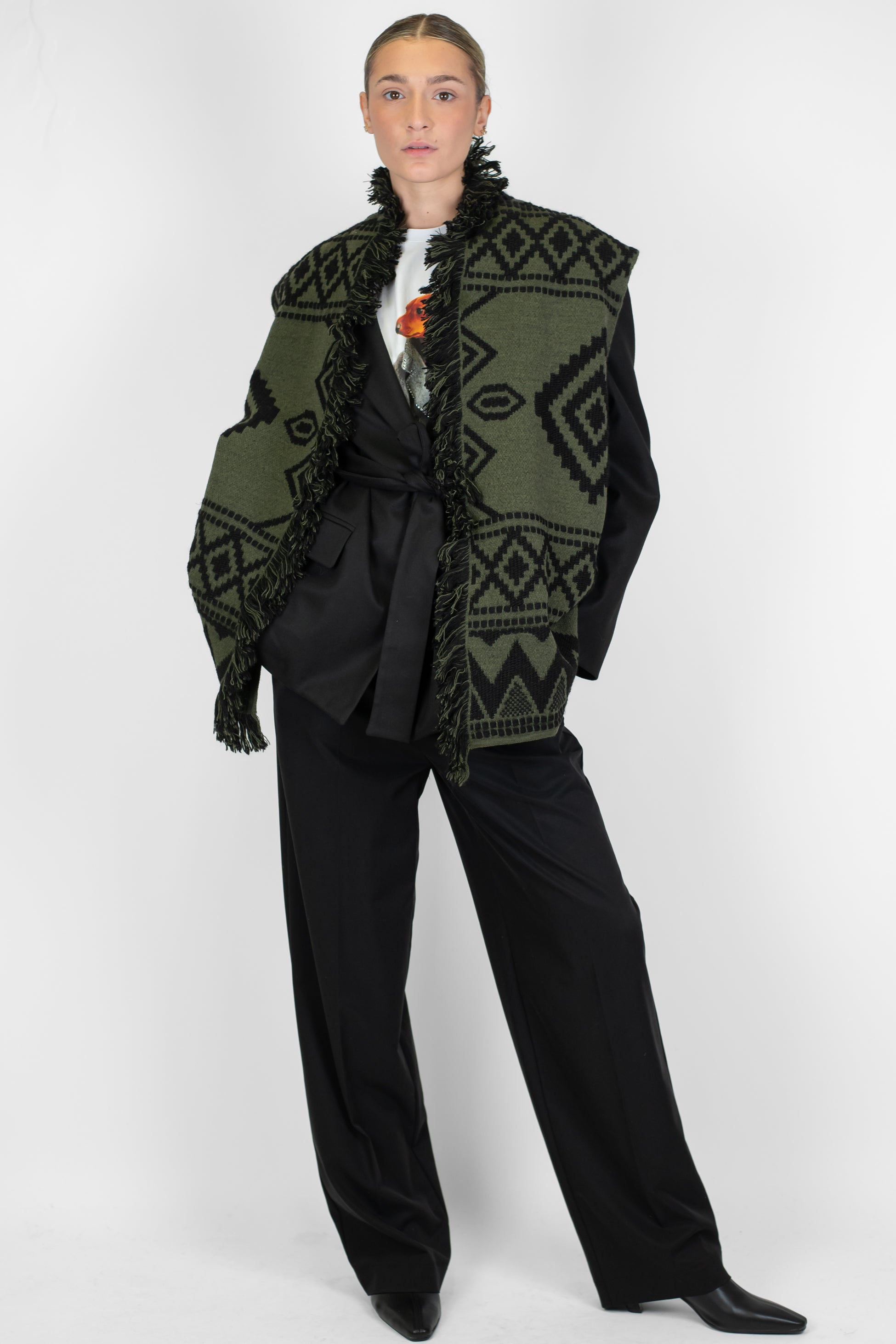 Motel - Gilet lungo aperto fantasia etnica in misto lana con frange