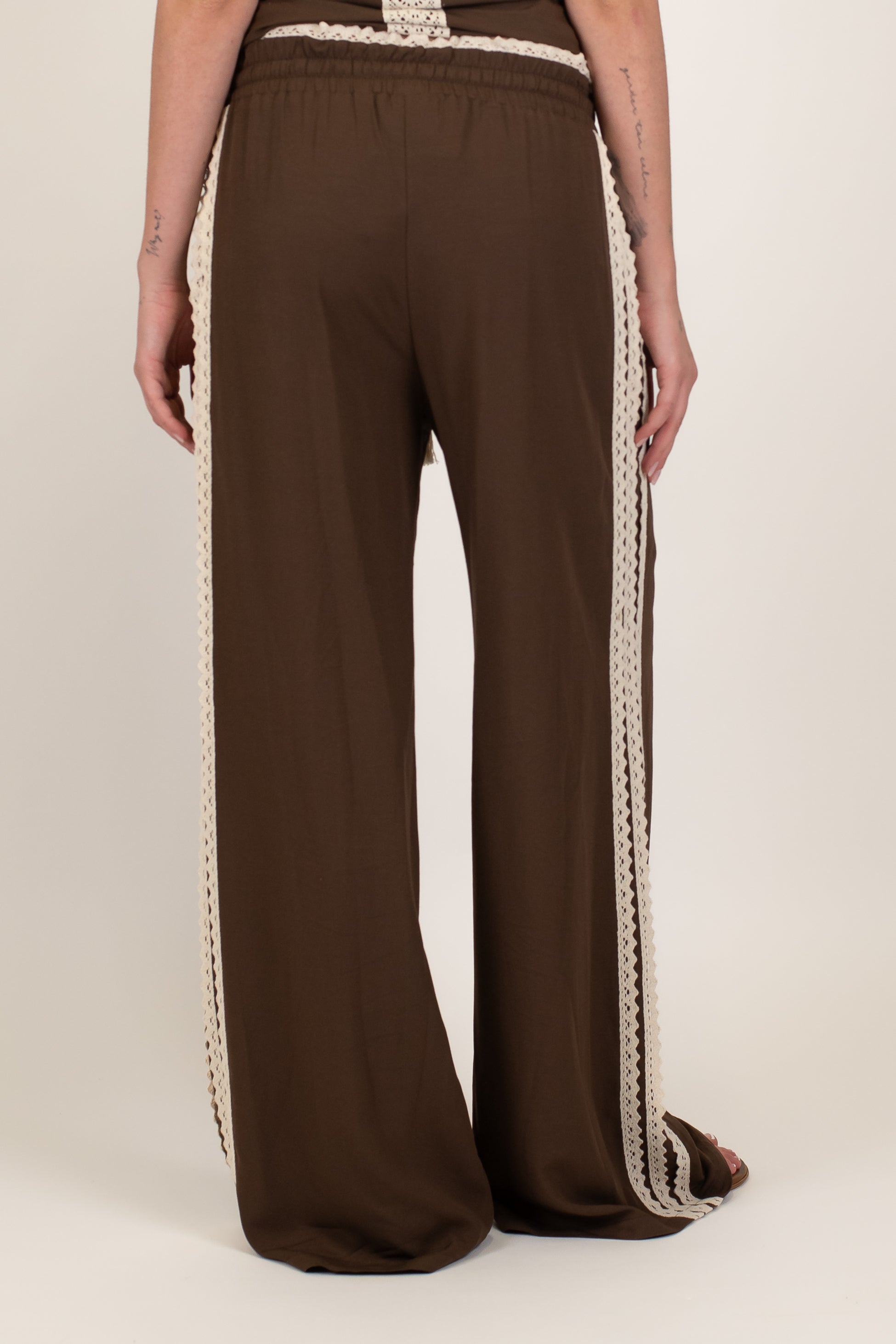 Motel - Pantalone palazzo in misto viscosa e lino con coulisse e profilo in crochet