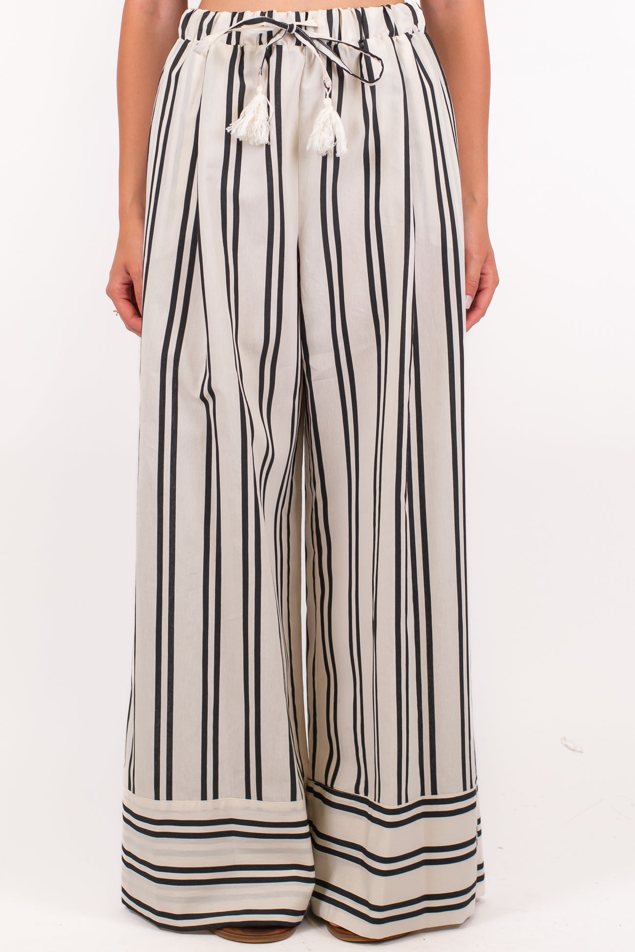 Tensione in - Pantalone palazzo fantasia a righe in viscosa leggera con coulisse