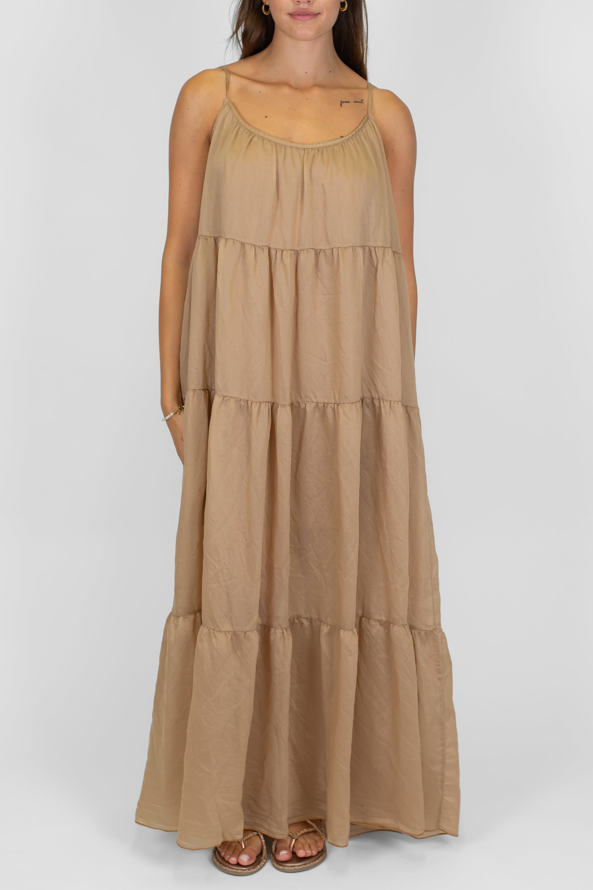 Motel - Abito lungo in lyocell con bretelline, balze e scollo sul retro