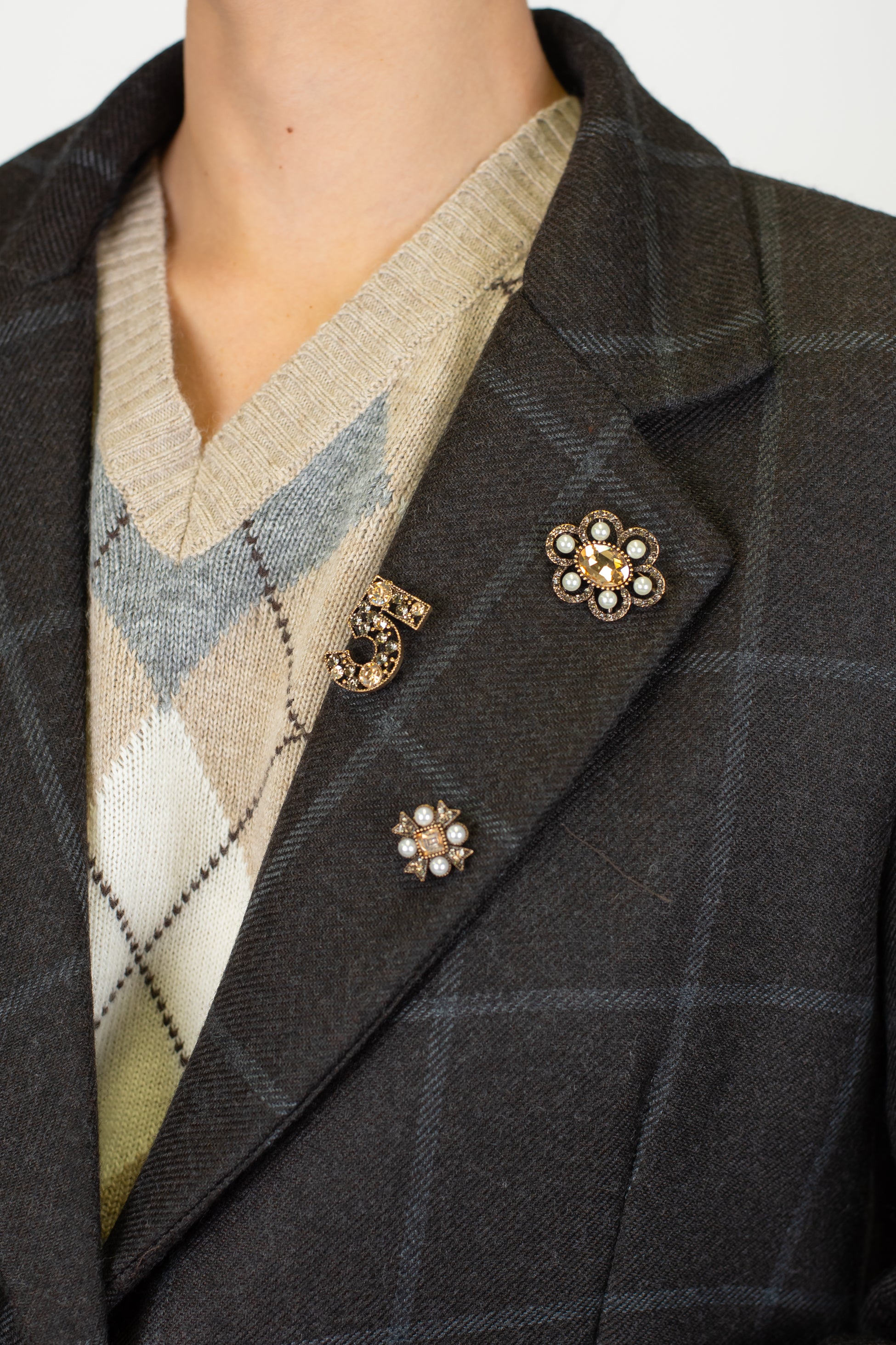 Motel - Giacca fantasia check in misto lana con spille e