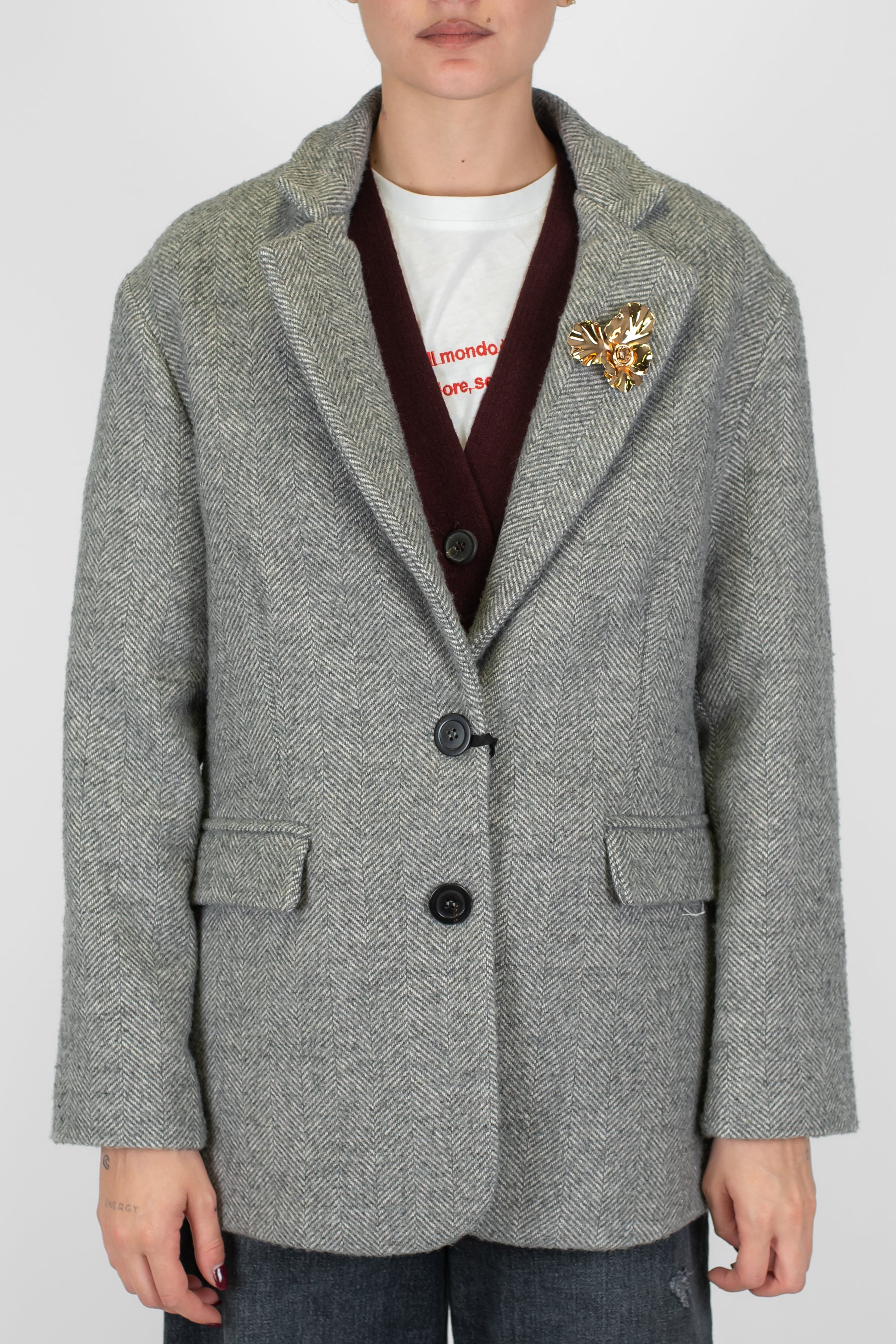 Maryley - Giacca monopetto fantasia spigata in misto lana con spilla