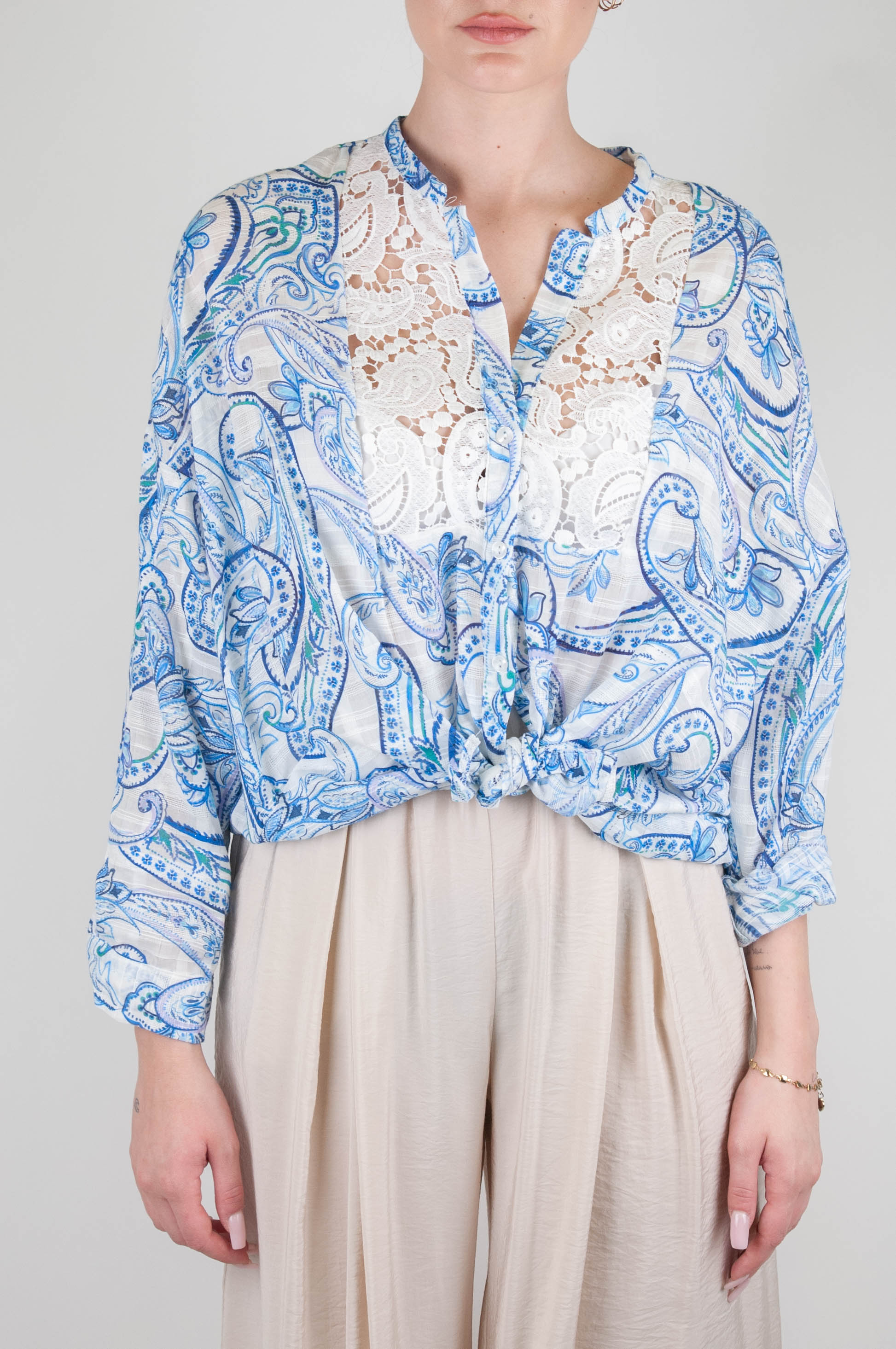 Tension in - Cotton muslin shirt with lace detail