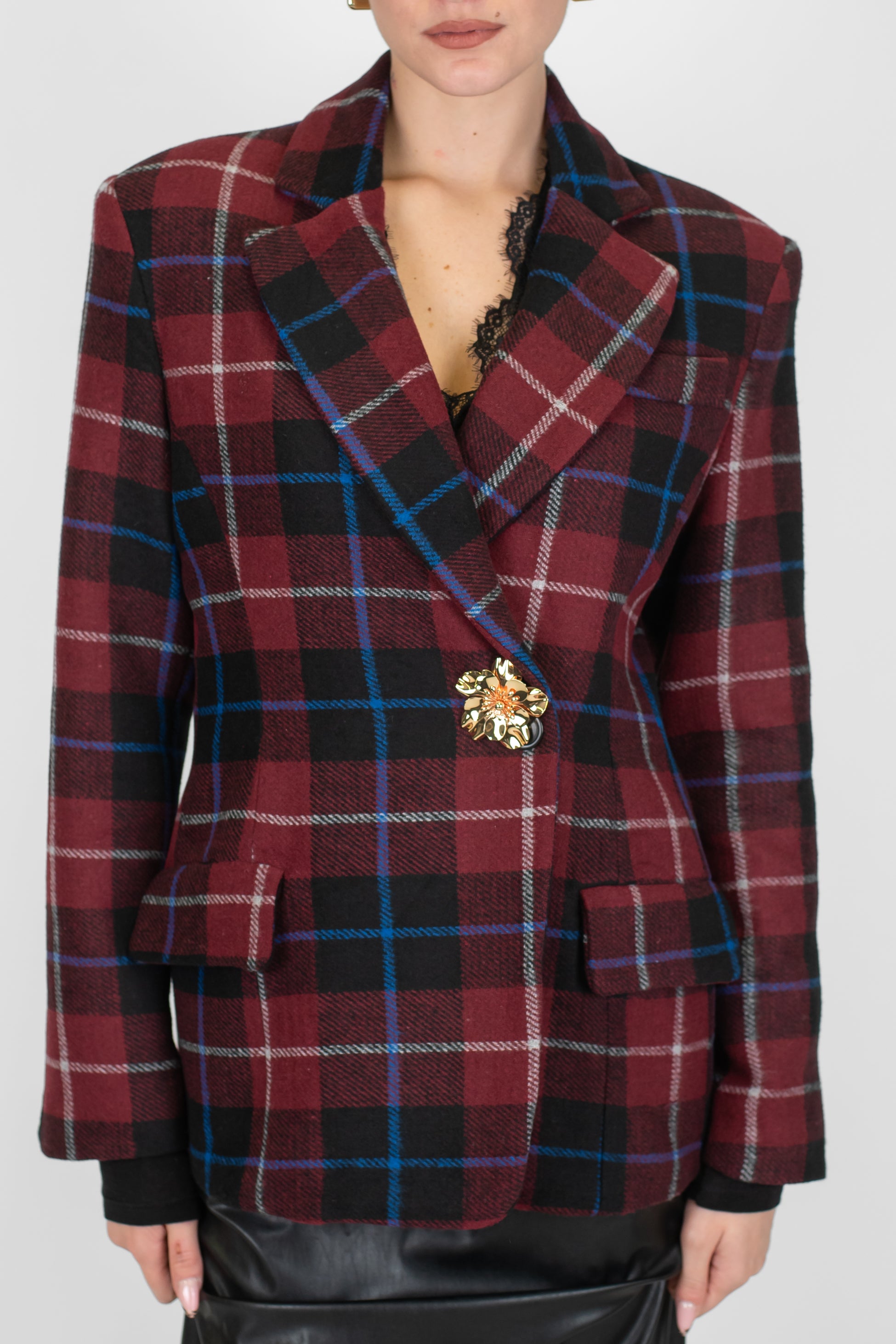 Maryley - Giacca doppiopetto fantasia check con spalline e chiusura ad un bottone con spilla