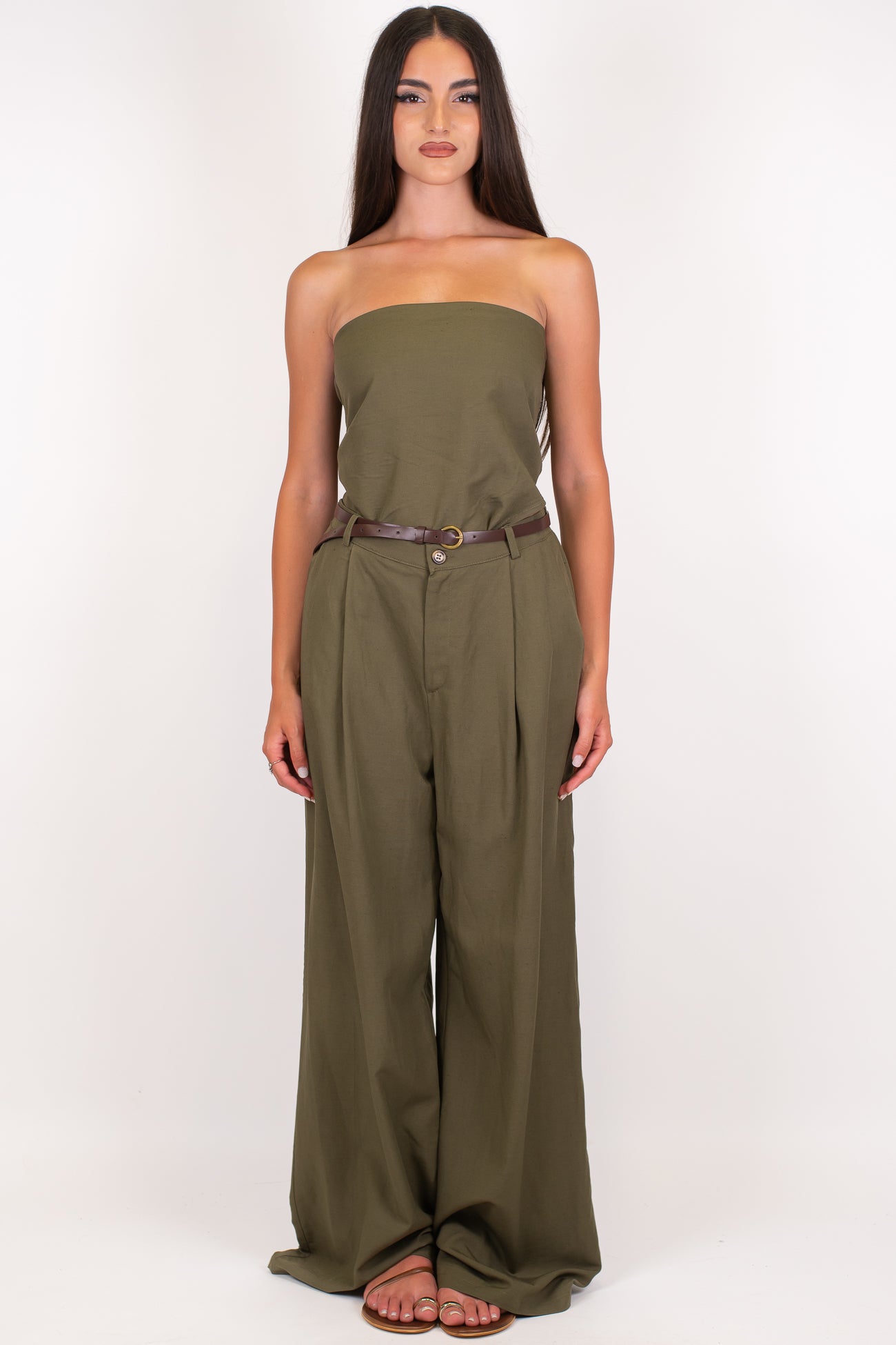 Haveone - Coordinato in misto lino con top a fascia allaccio sul retro e pantalone palazzo con pinces ed elastico sul retro